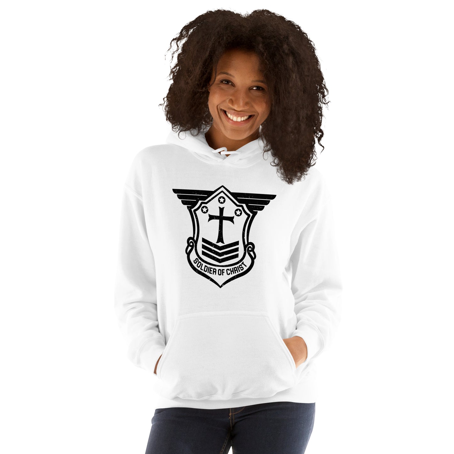 Unisex Hoodie with Black Soldier of Christ Emblem Front