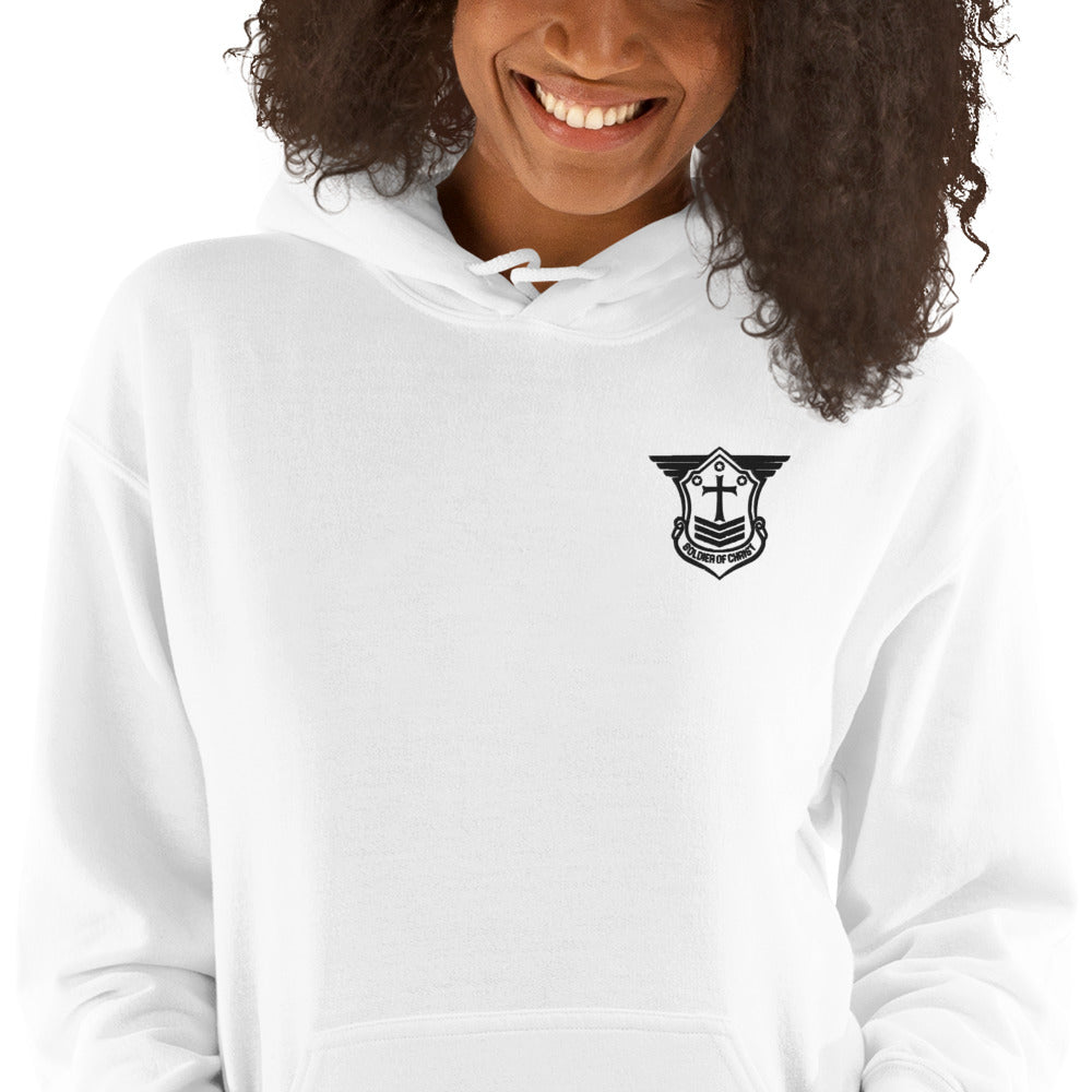 Unisex Hoodie with Black Embroidered Soldier of Christ Emblem