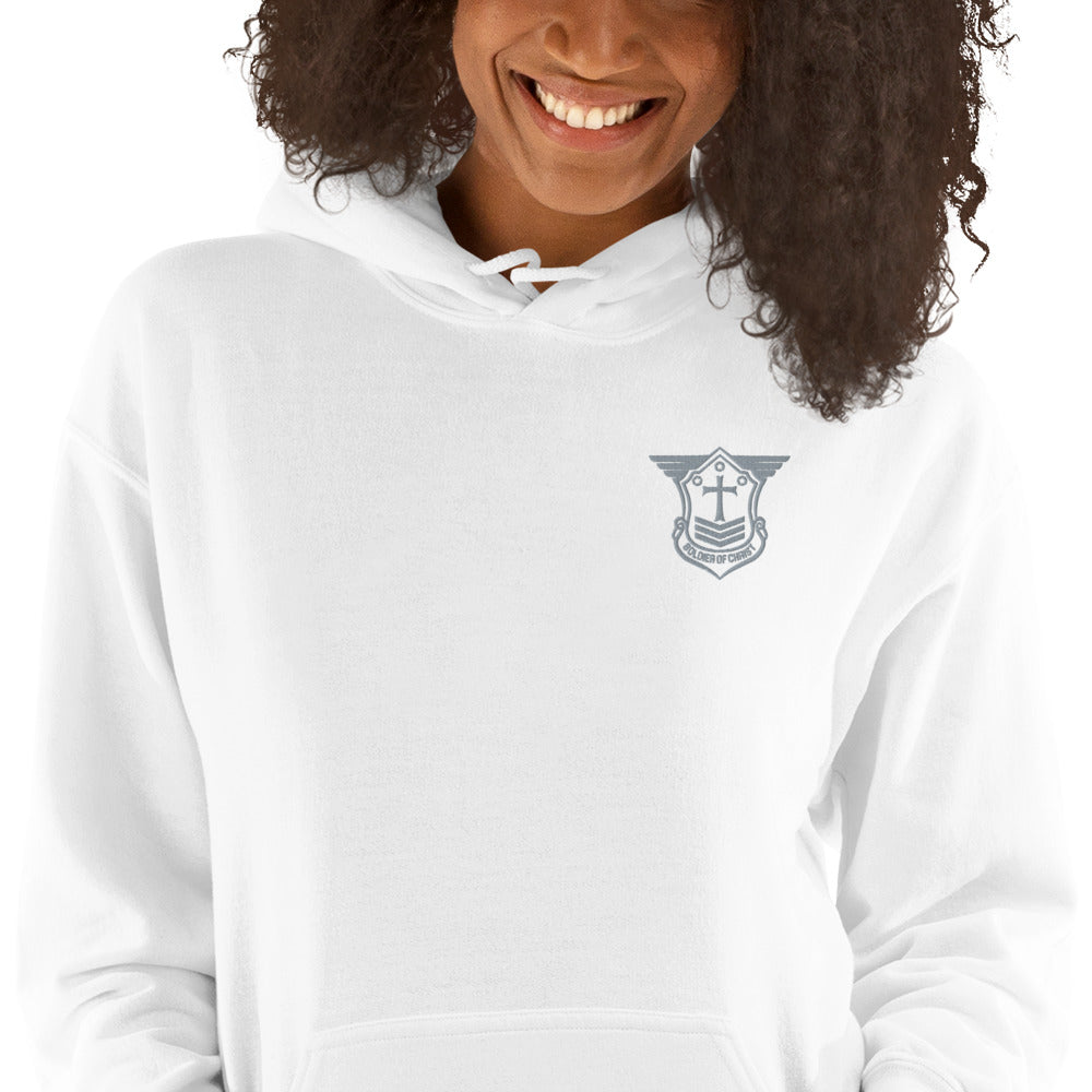 Unisex Hoodie with Grey Embroidered Soldier of Christ Emblem