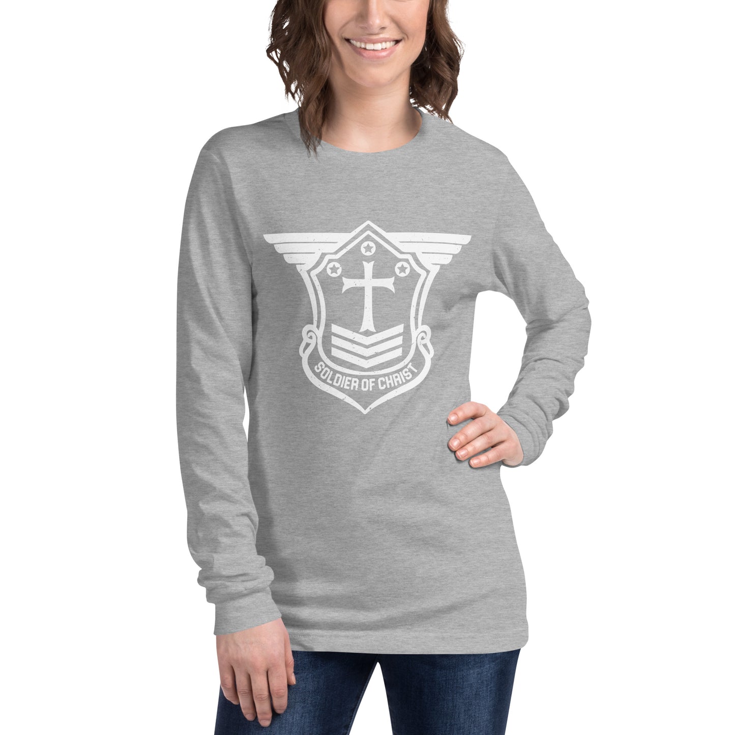 Unisex Long Sleeve T-Shirt with White Soldier of Christ Emblem Front