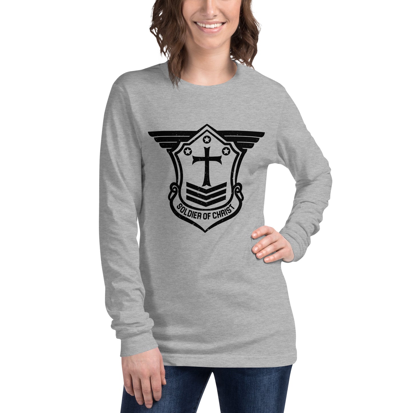 Unisex Long Sleeve T-Shirt with Black Soldier of Christ Emblem Front