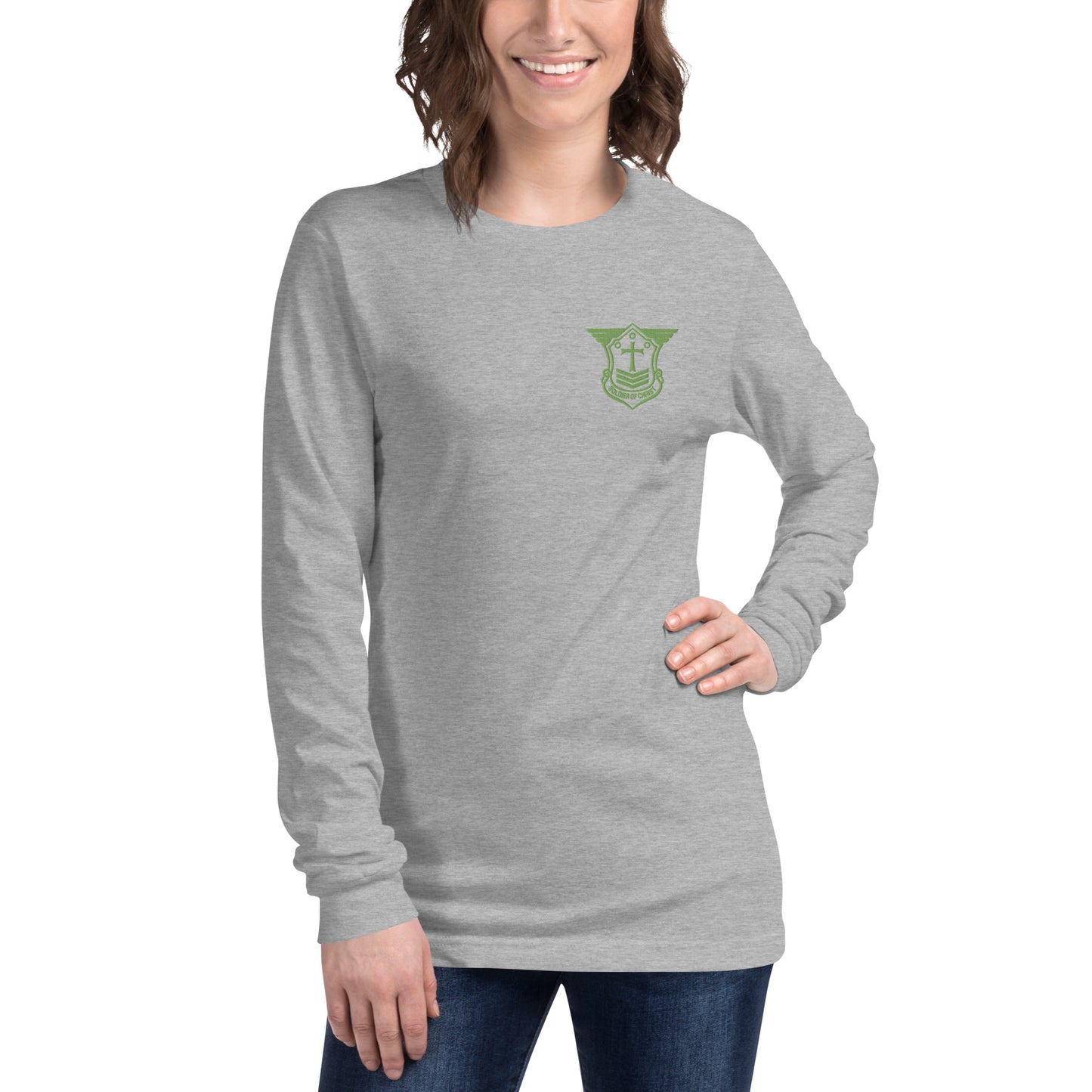 Unisex Long Sleeve T-Shirt with Kiwi Green Embroidered Soldier of Christ Emblem