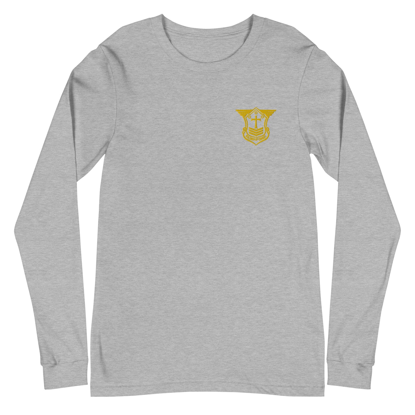 Unisex Long Sleeve T-Shirt with Gold Embroidered Soldier of Christ Emblem