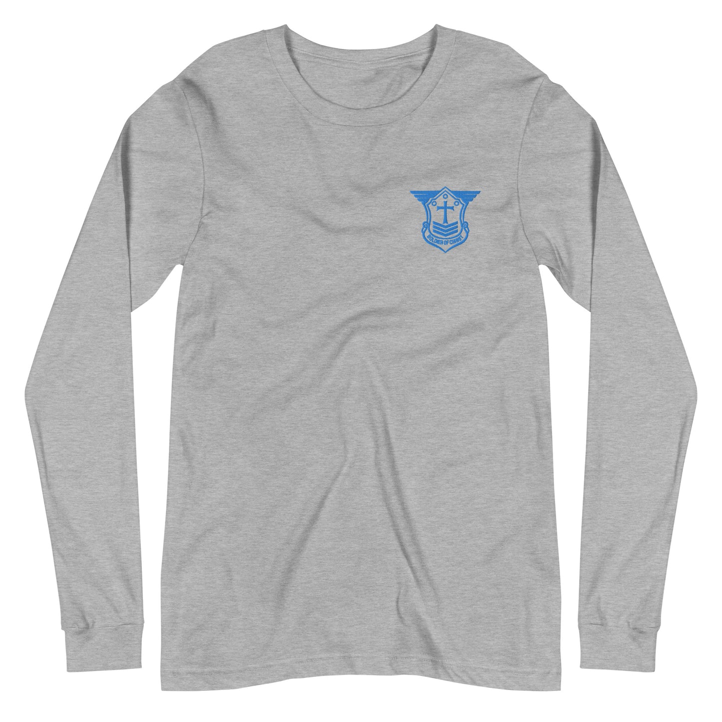 Unisex Long Sleeve T-Shirt with Aqua Teal Embroidered Soldier of Christ Emblem