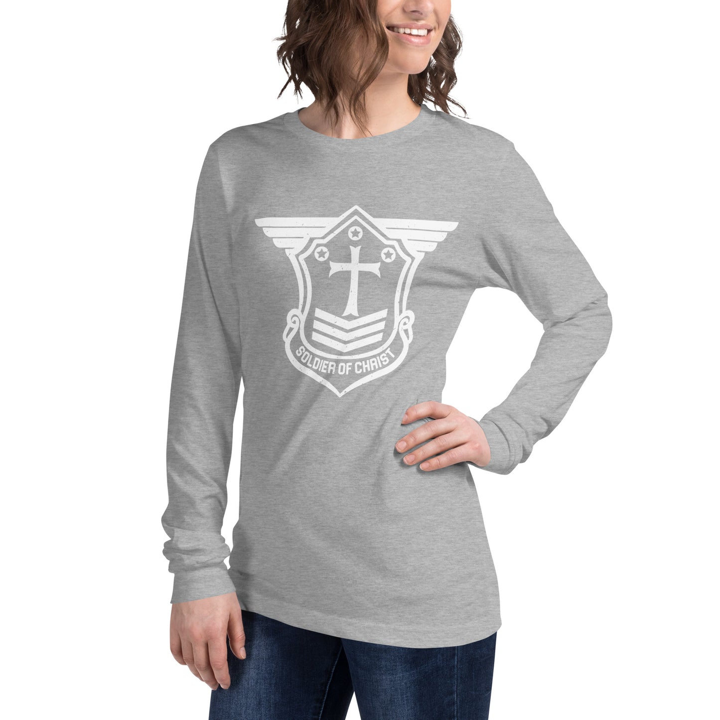 Unisex Long Sleeve T-Shirt with White Soldier of Christ Emblem Front