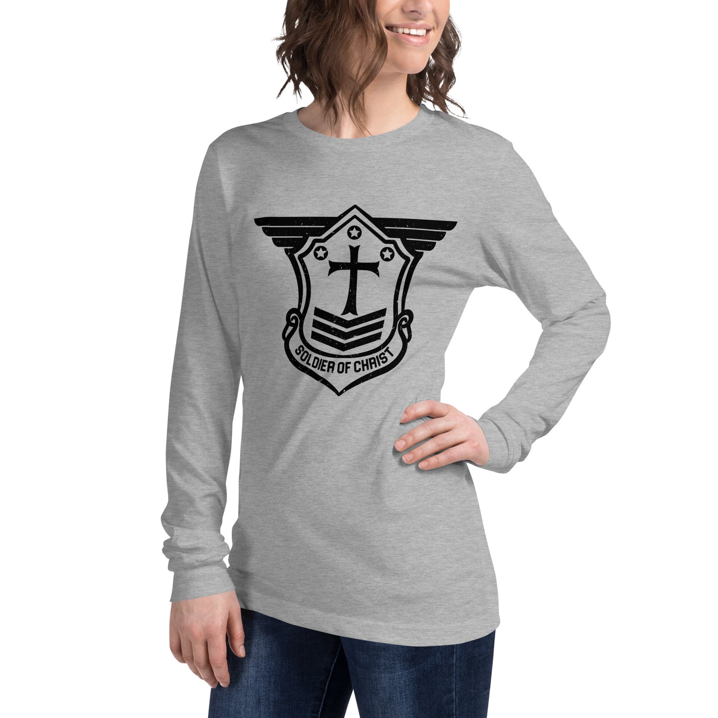 Unisex Long Sleeve T-Shirt with Black Soldier of Christ Emblem Front