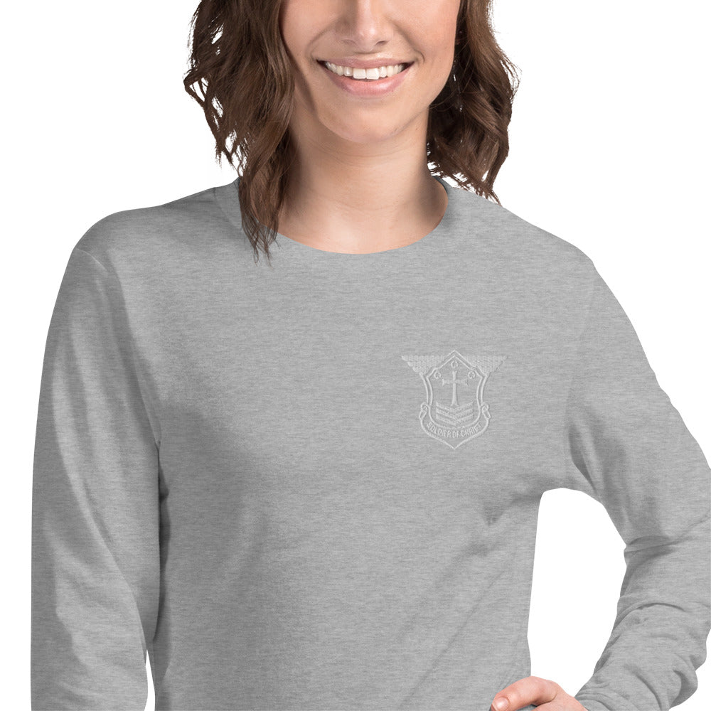 Unisex Long Sleeve T-Shirt with White Embroidered Soldier of Christ Emblem