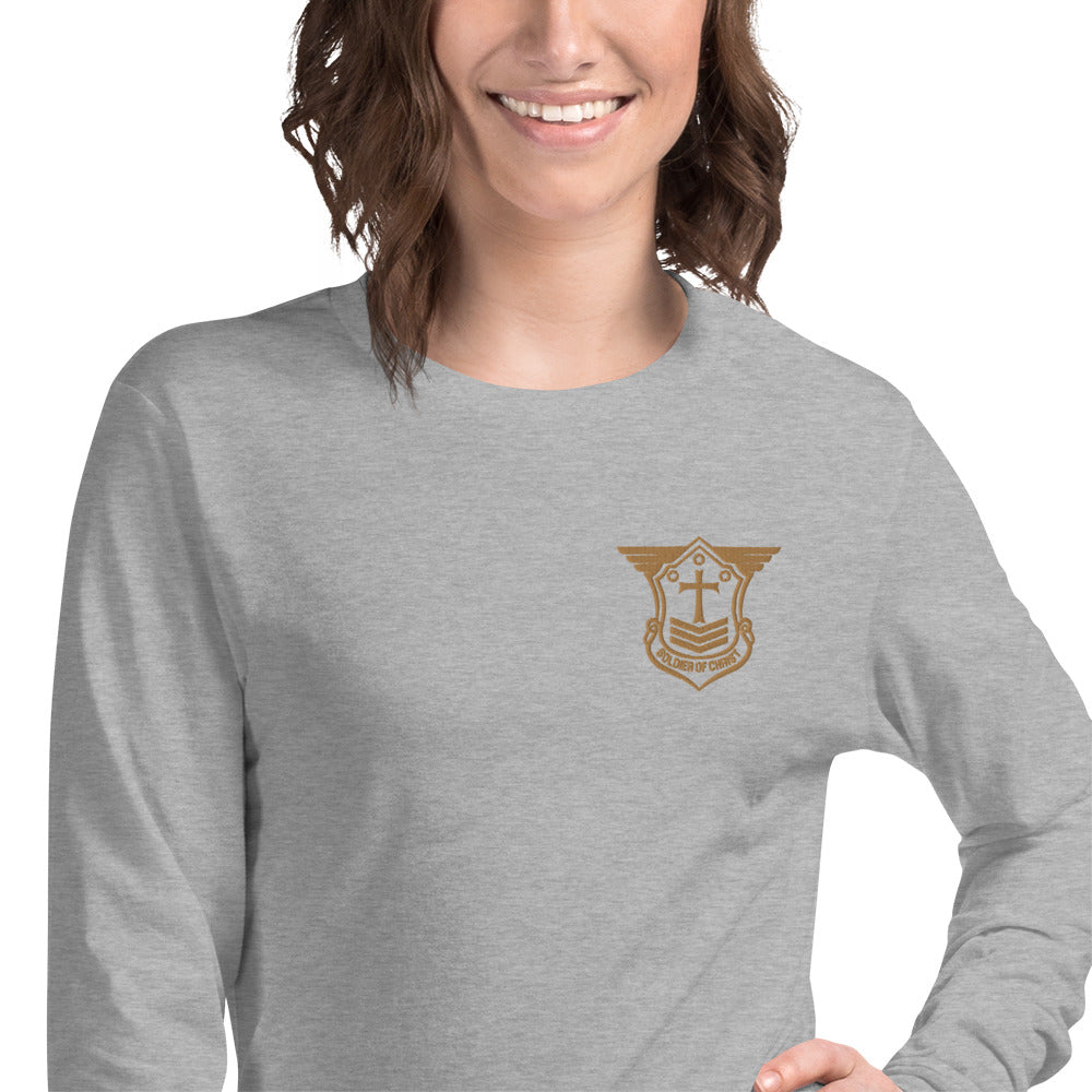 Unisex Long Sleeve T-Shirt with Old Gold Embroidered Soldier of Christ Emblem