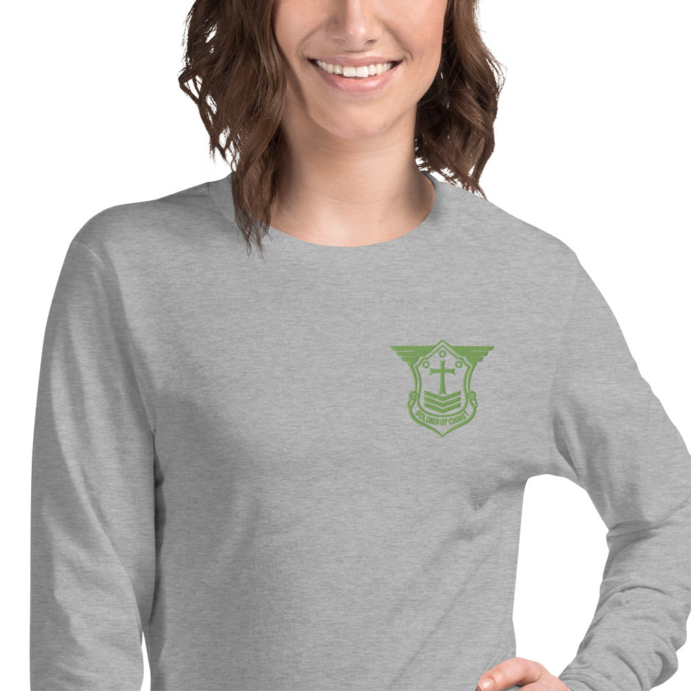 Unisex Long Sleeve T-Shirt with Kiwi Green Embroidered Soldier of Christ Emblem