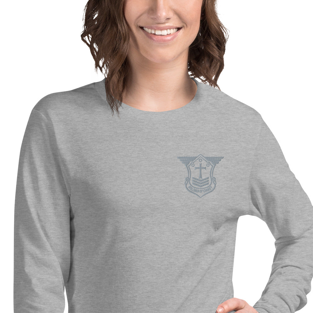 Unisex Long Sleeve T-Shirt with Grey Embroidered Soldier of Christ Emblem