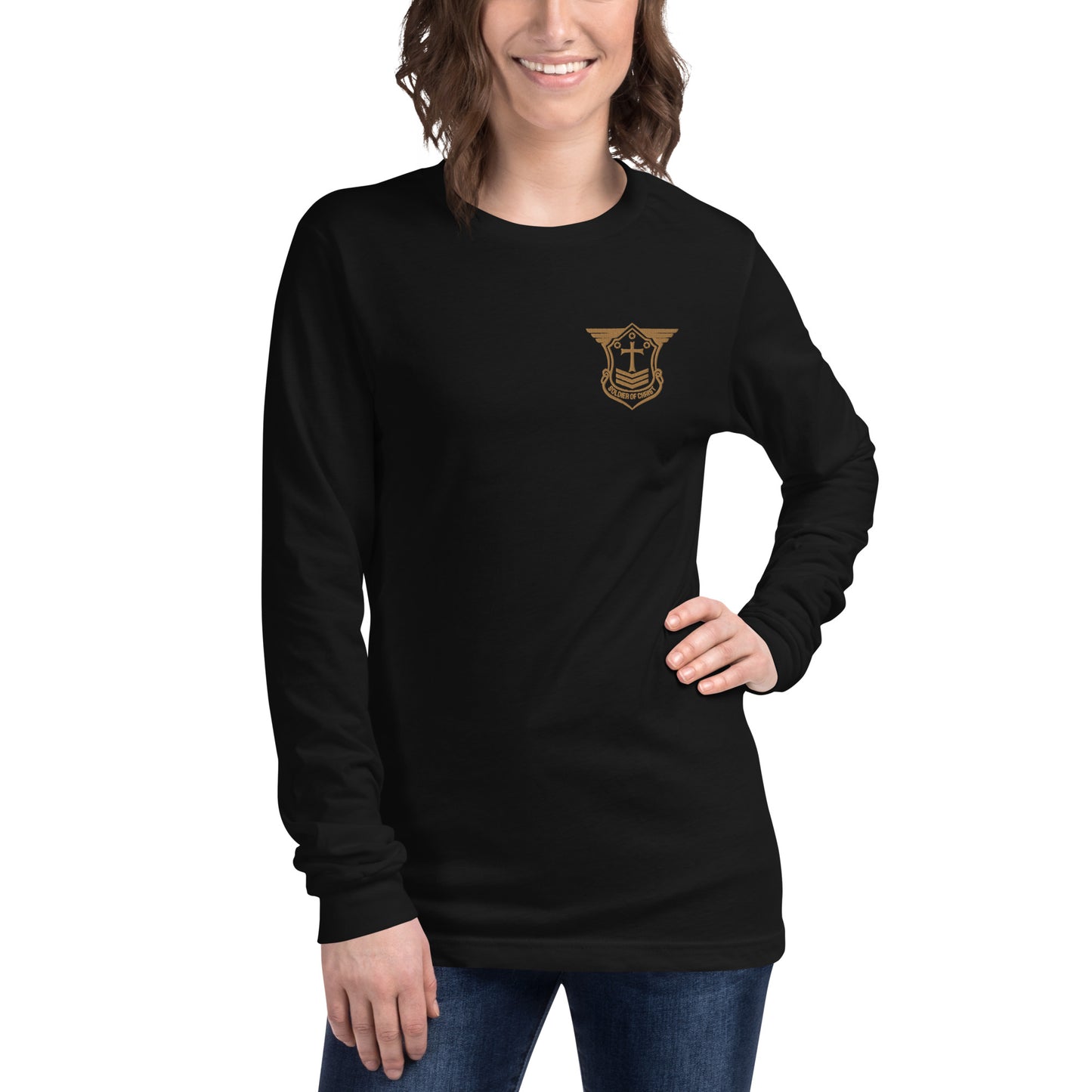 Unisex Long Sleeve T-Shirt with Old Gold Embroidered Soldier of Christ Emblem