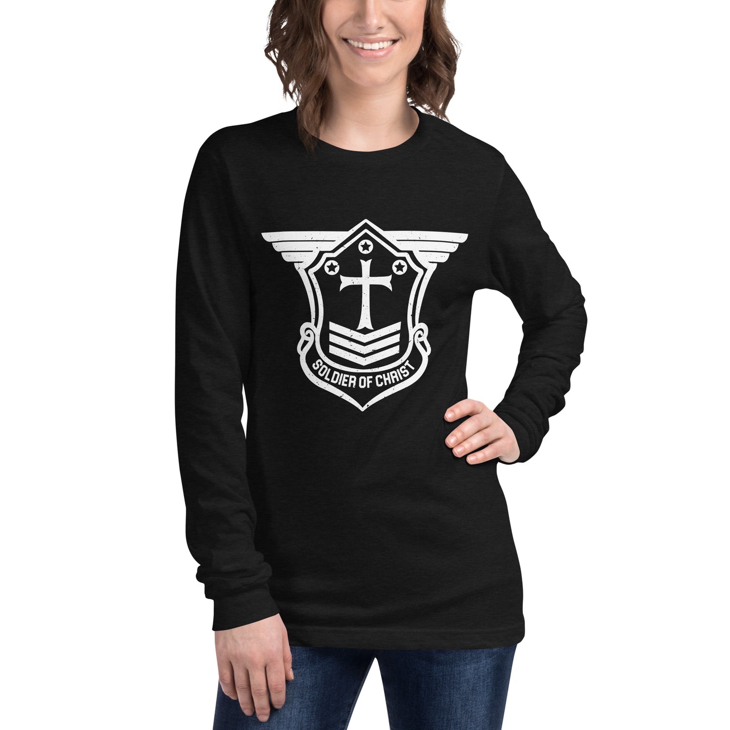 Unisex Long Sleeve T-Shirt with White Soldier of Christ Emblem Front