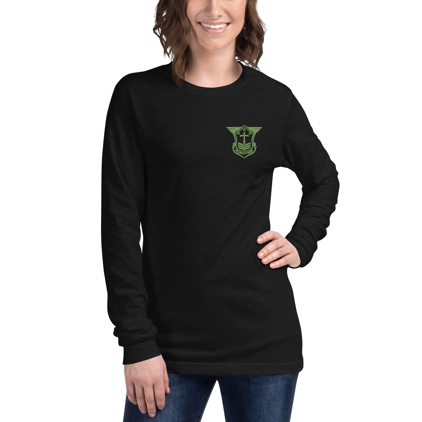 Unisex Long Sleeve T-Shirt with Kiwi Green Embroidered Soldier of Christ Emblem