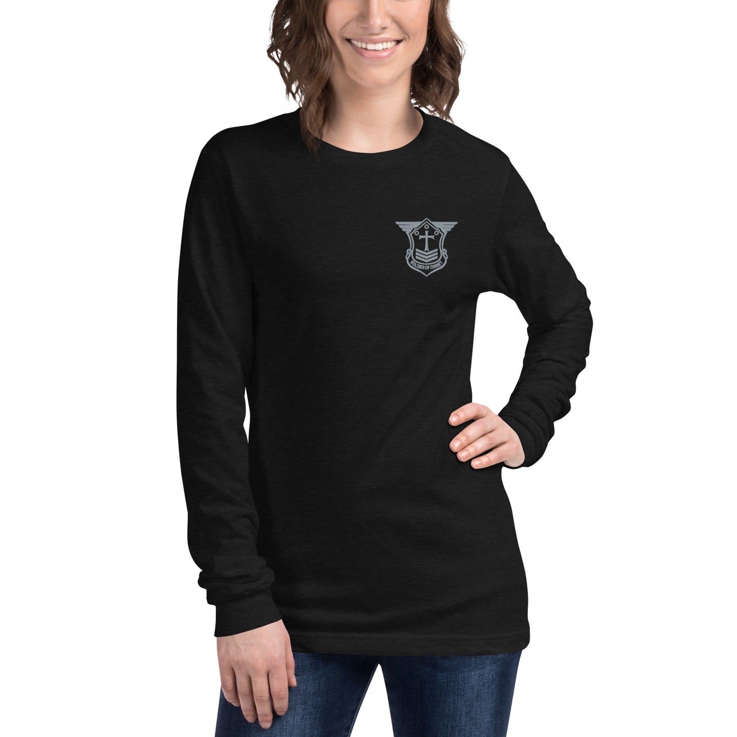 Unisex Long Sleeve T-Shirt with Grey Embroidered Soldier of Christ Emblem