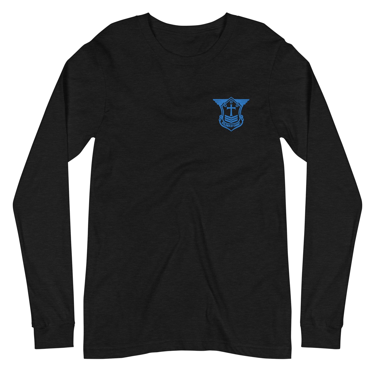 Unisex Long Sleeve T-Shirt with Aqua Teal Embroidered Soldier of Christ Emblem