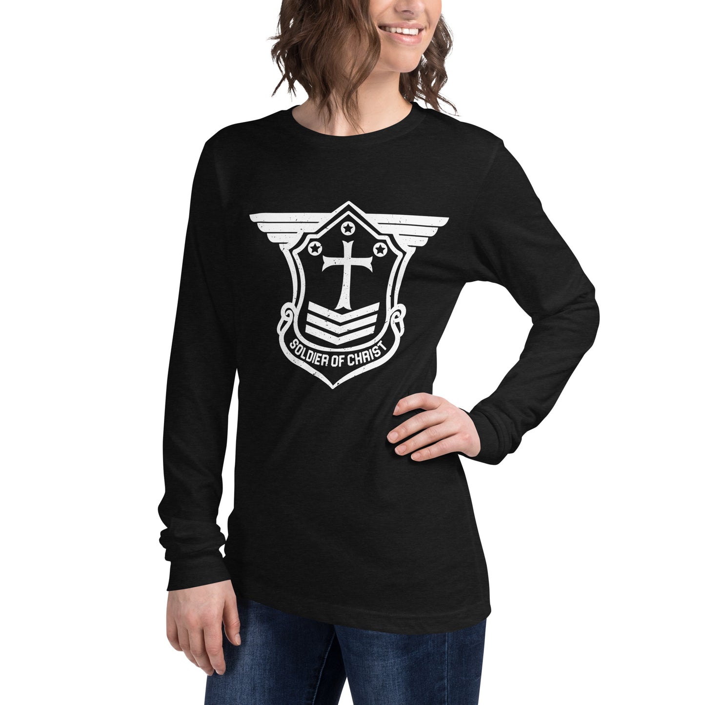 Unisex Long Sleeve T-Shirt with White Soldier of Christ Emblem Front