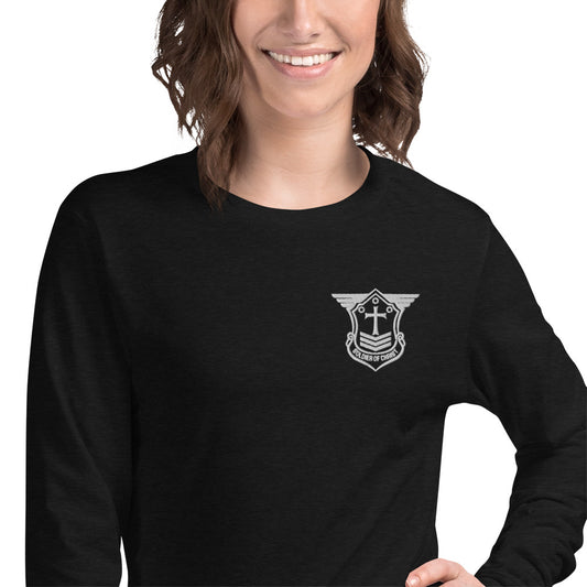 Unisex Long Sleeve T-Shirt with White Embroidered Soldier of Christ Emblem