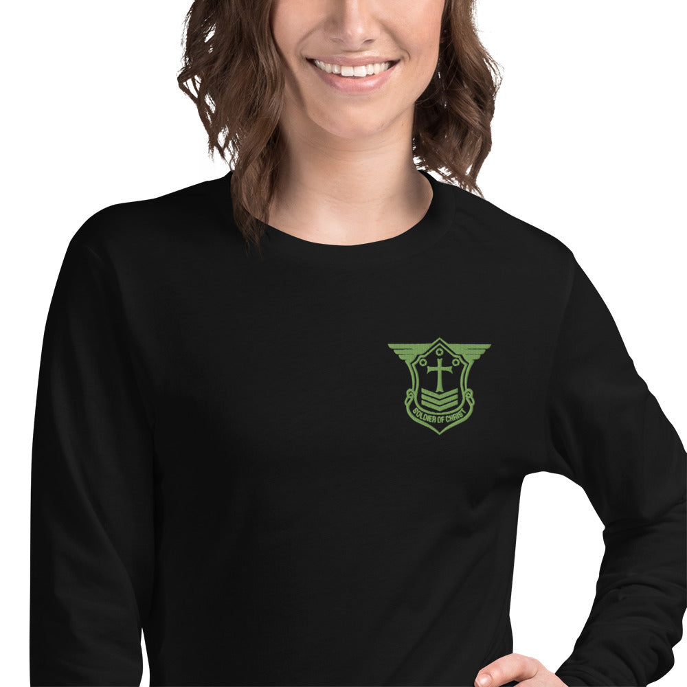 Unisex Long Sleeve T-Shirt with Kiwi Green Embroidered Soldier of Christ Emblem