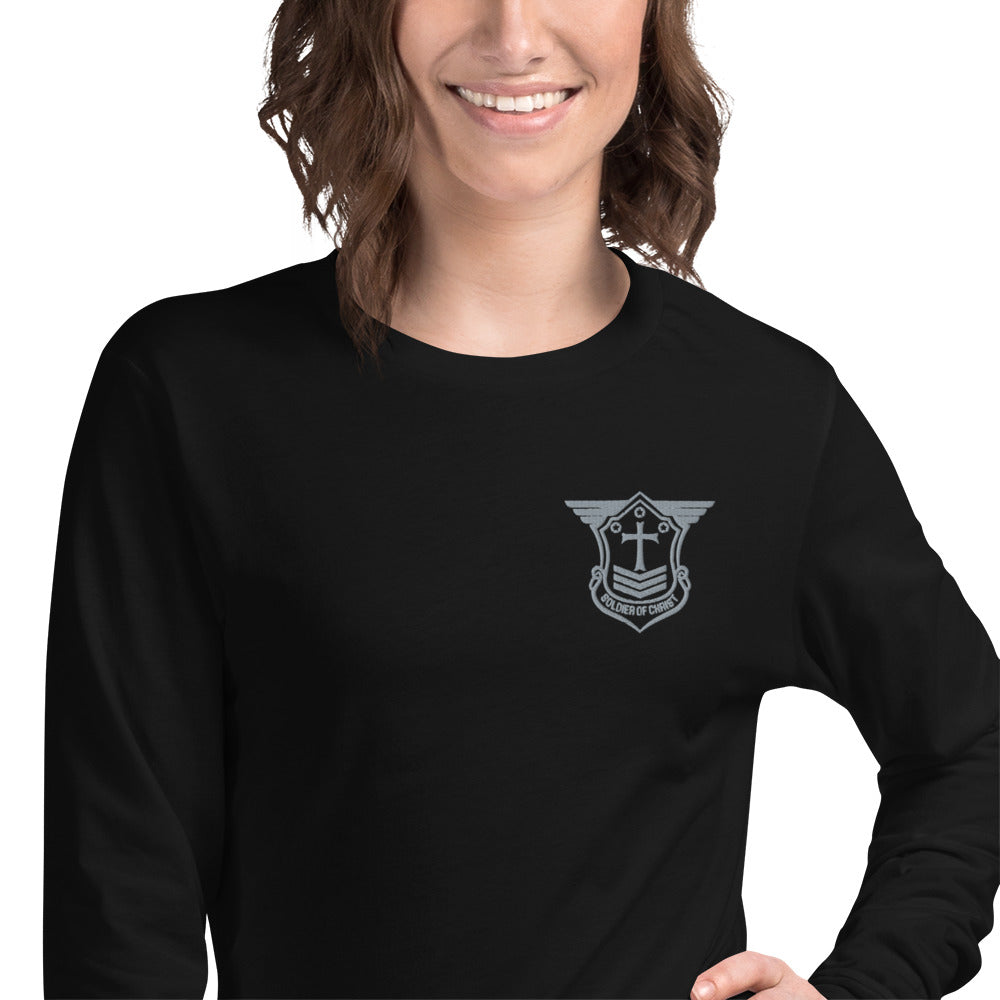 Unisex Long Sleeve T-Shirt with Grey Embroidered Soldier of Christ Emblem