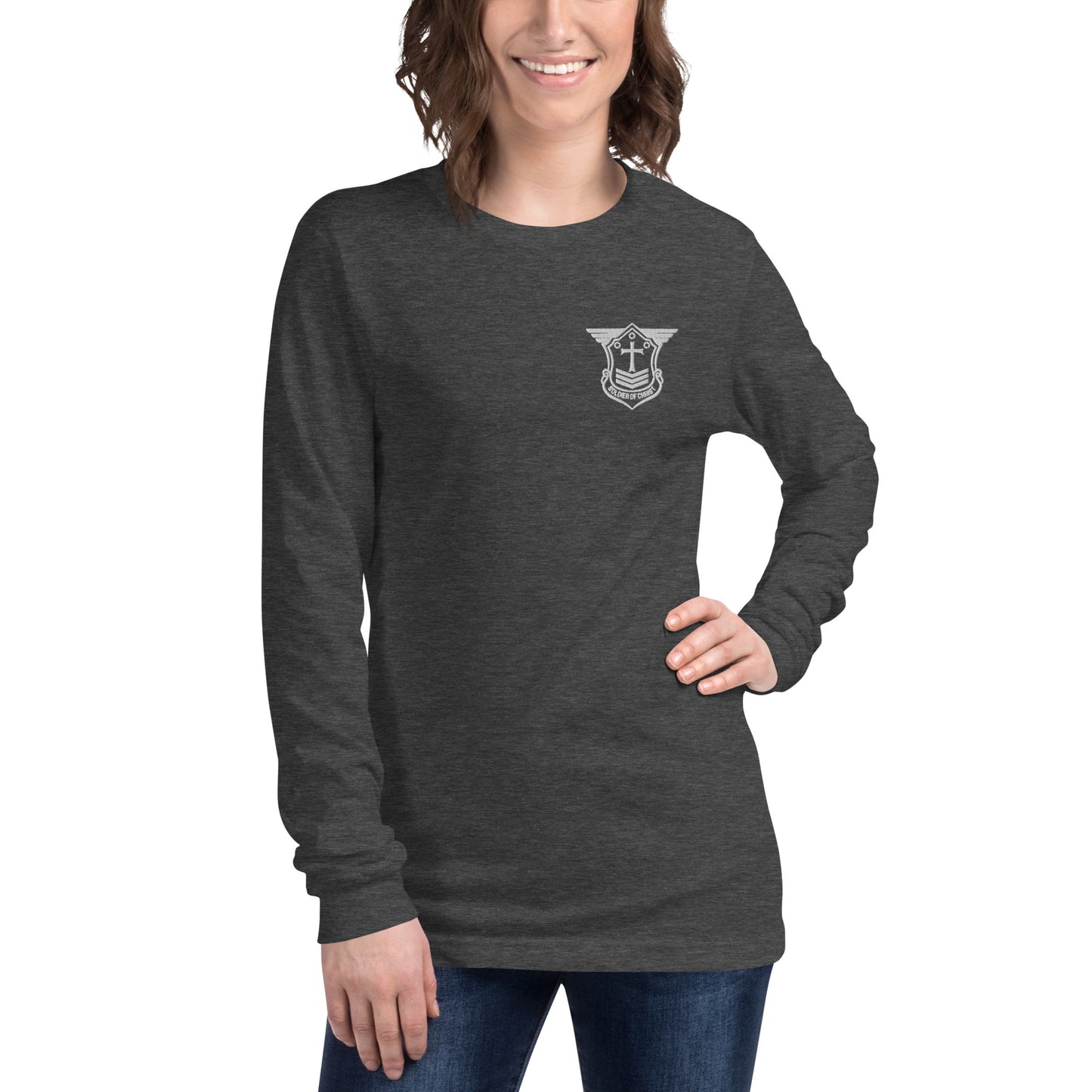 Unisex Long Sleeve T-Shirt with White Embroidered Soldier of Christ Emblem