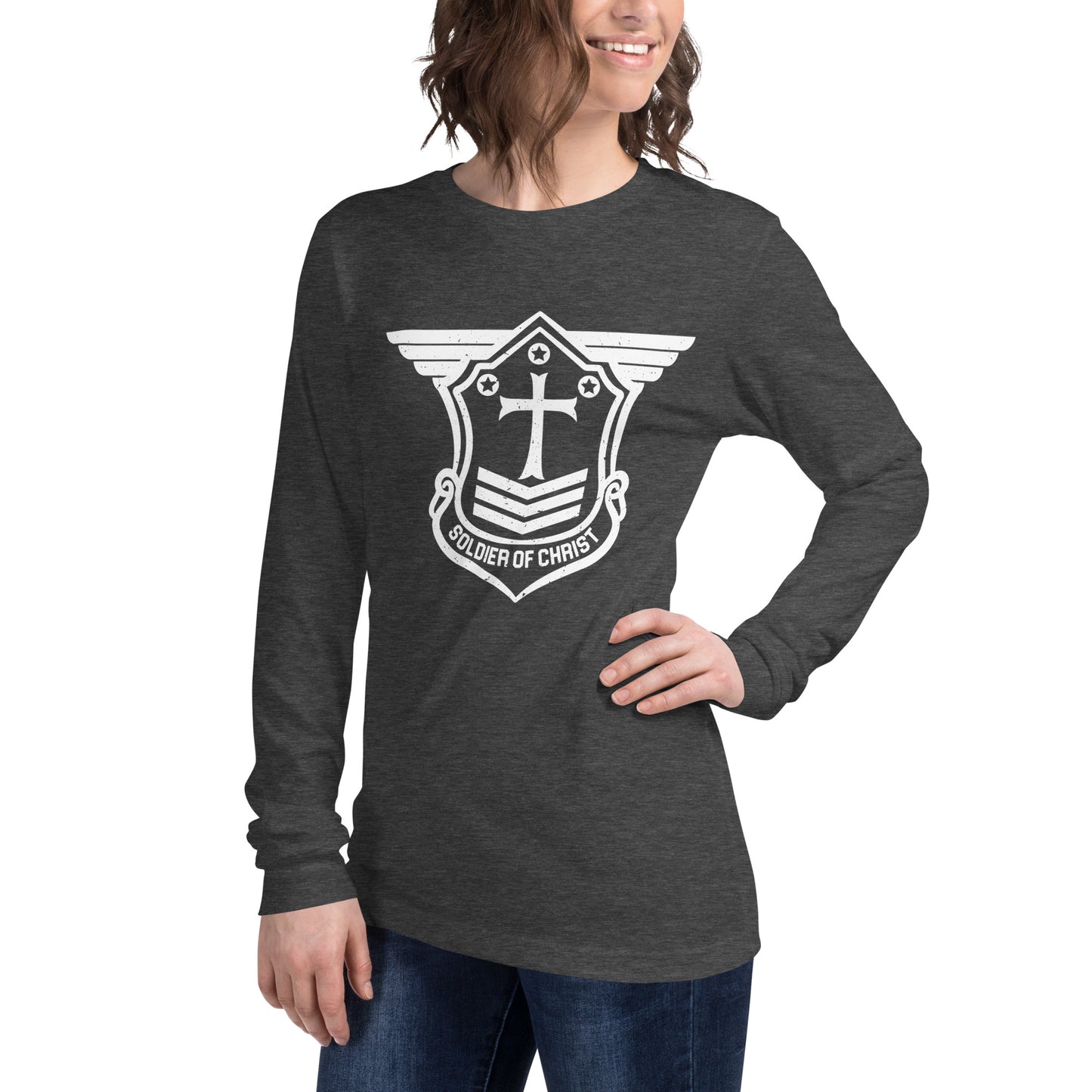 Unisex Long Sleeve T-Shirt with White Soldier of Christ Emblem Front