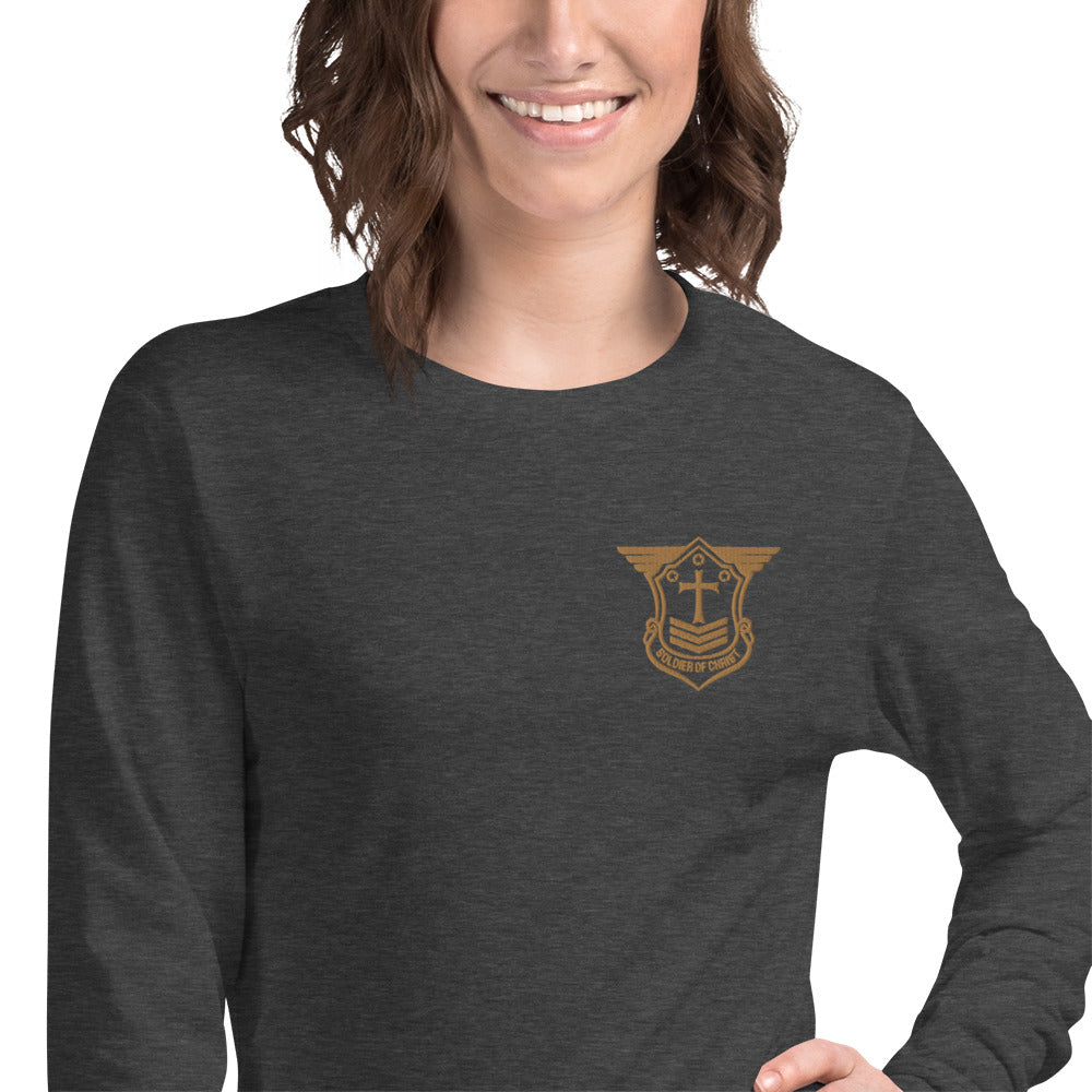 Unisex Long Sleeve T-Shirt with Old Gold Embroidered Soldier of Christ Emblem