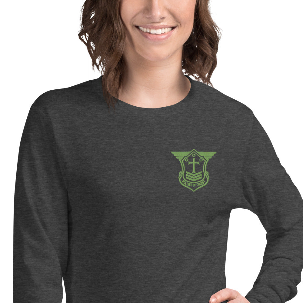 Unisex Long Sleeve T-Shirt with Kiwi Green Embroidered Soldier of Christ Emblem