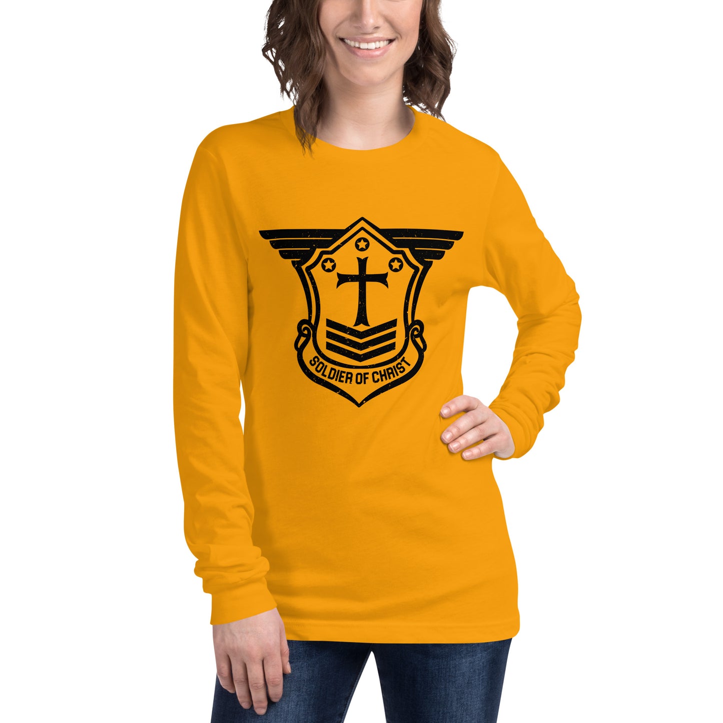 Unisex Long Sleeve T-Shirt with Black Soldier of Christ Emblem Front