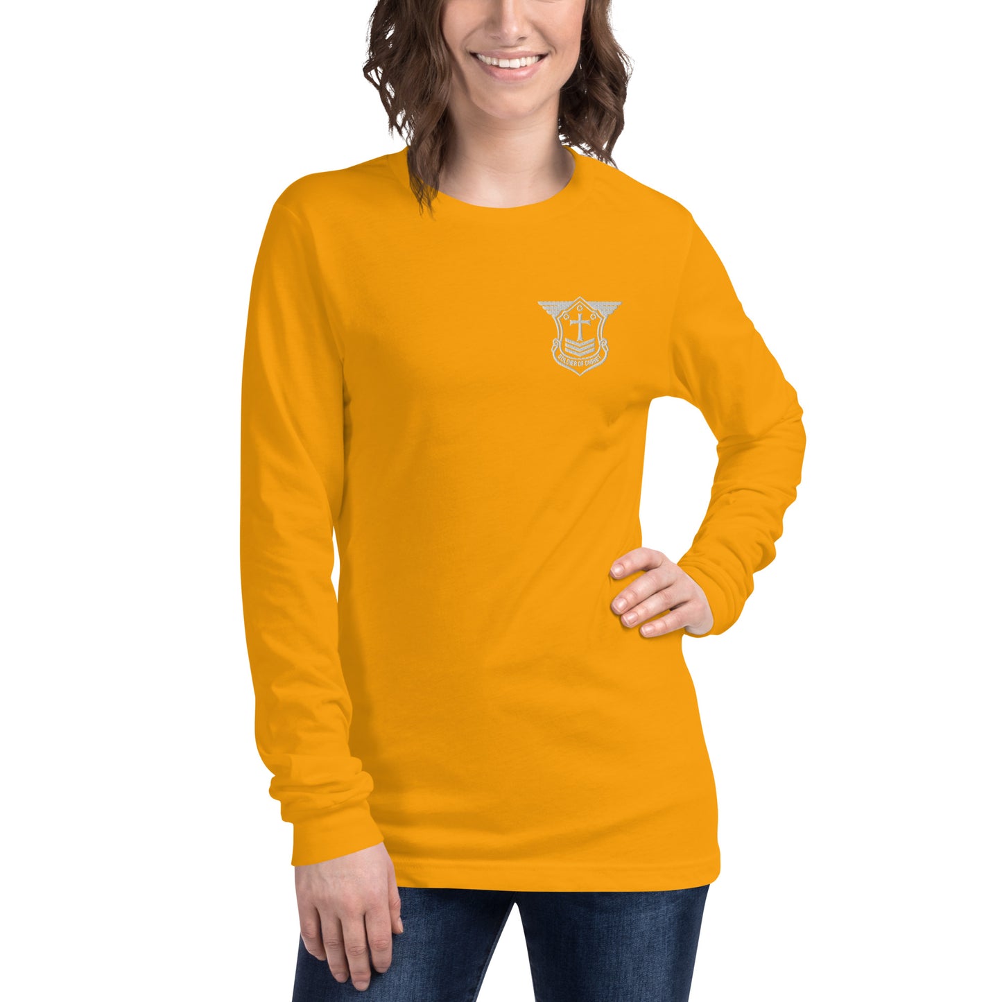 Unisex Long Sleeve T-Shirt with White Embroidered Soldier of Christ Emblem