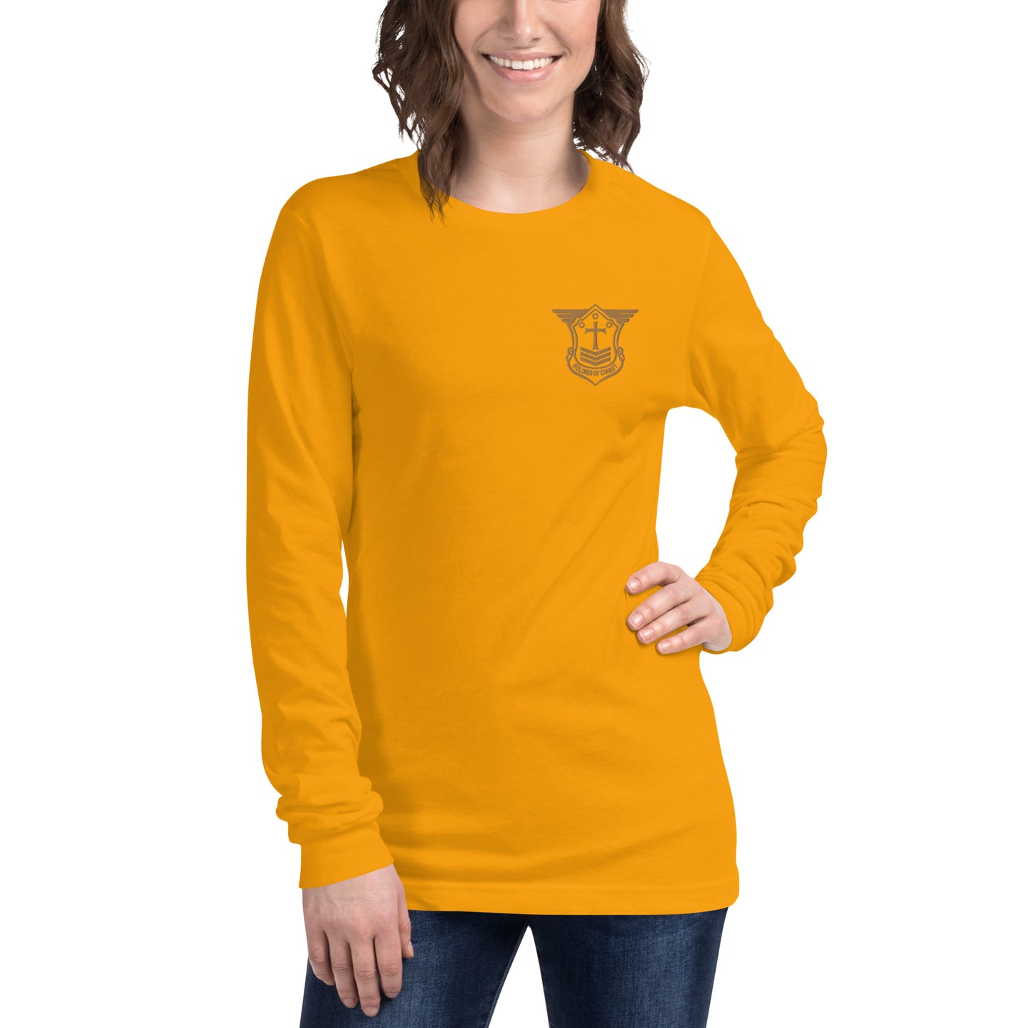 Unisex Long Sleeve T-Shirt with Old Gold Embroidered Soldier of Christ Emblem