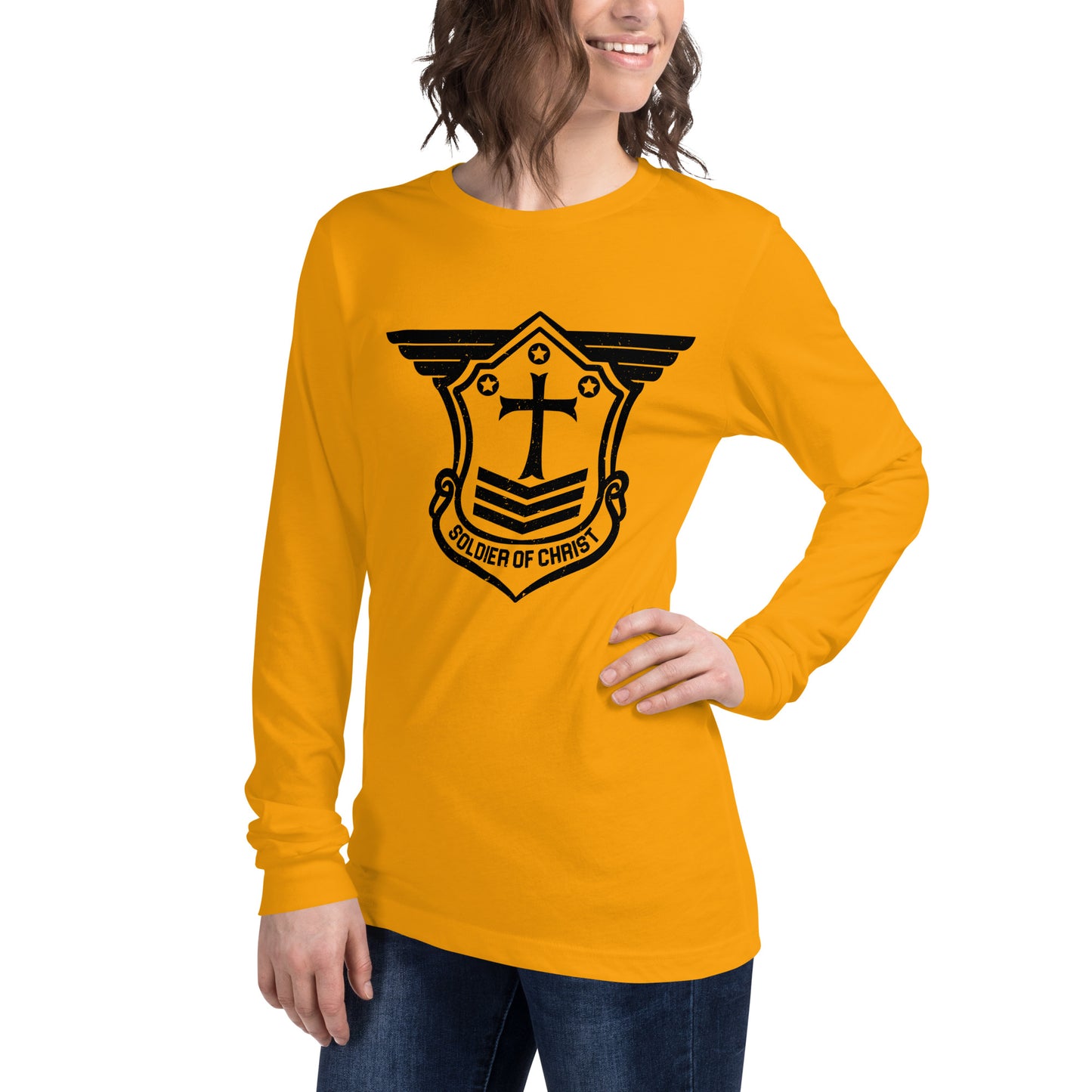 Unisex Long Sleeve T-Shirt with Black Soldier of Christ Emblem Front