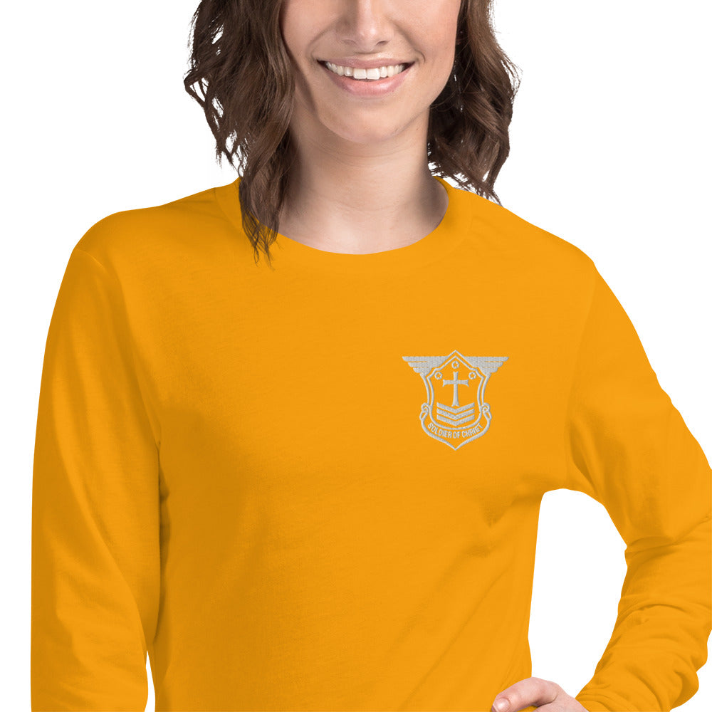 Unisex Long Sleeve T-Shirt with White Embroidered Soldier of Christ Emblem