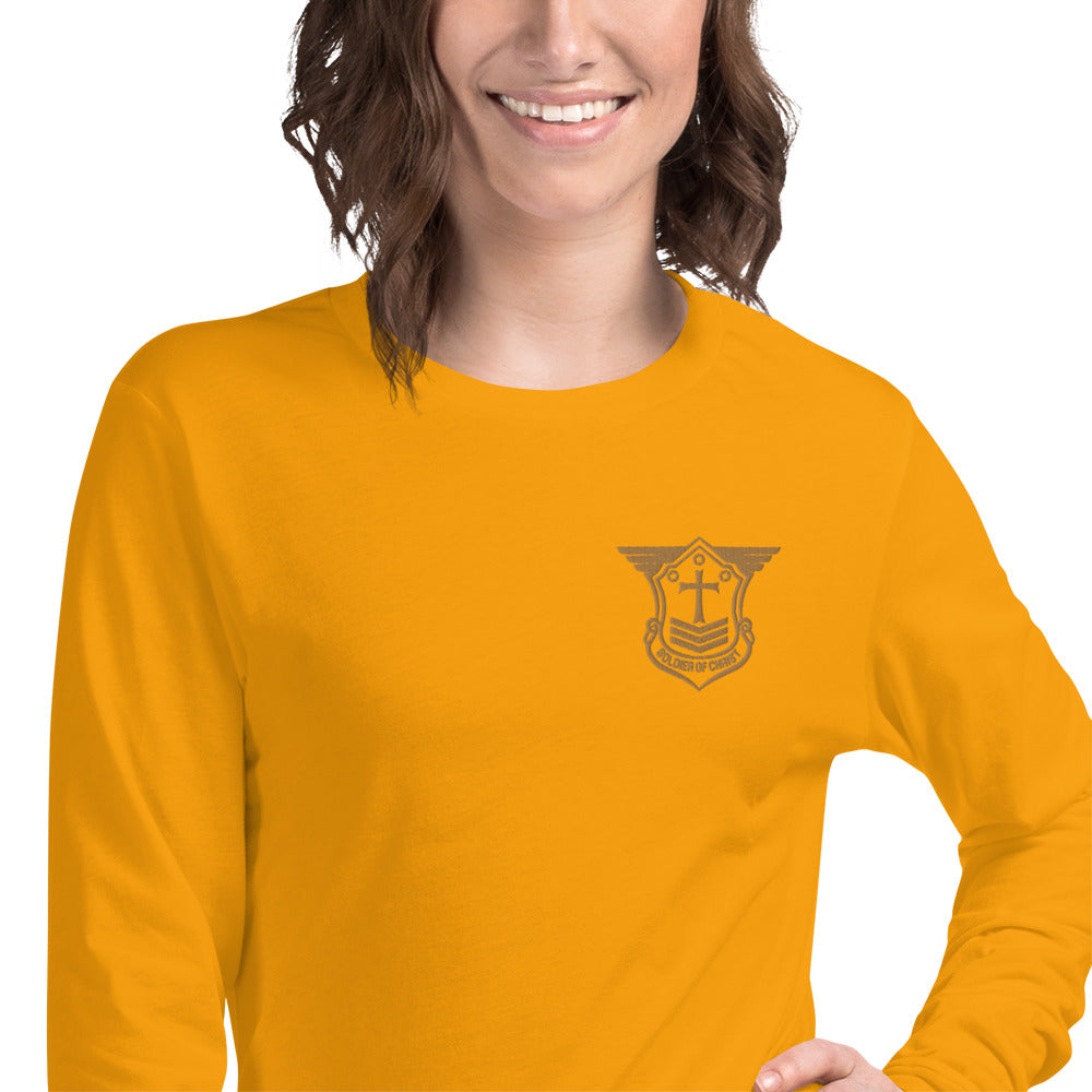 Unisex Long Sleeve T-Shirt with Old Gold Embroidered Soldier of Christ Emblem