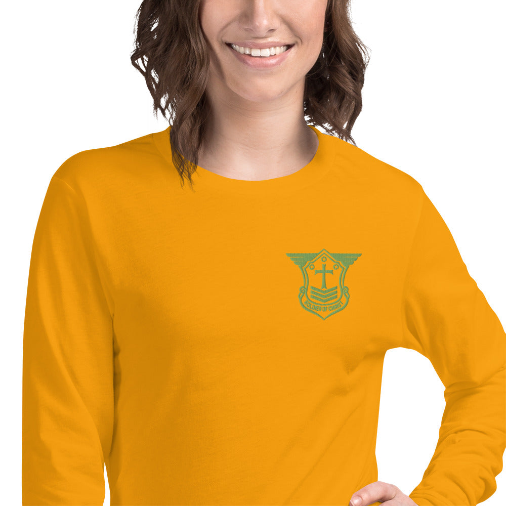 Unisex Long Sleeve T-Shirt with Kiwi Green Embroidered Soldier of Christ Emblem