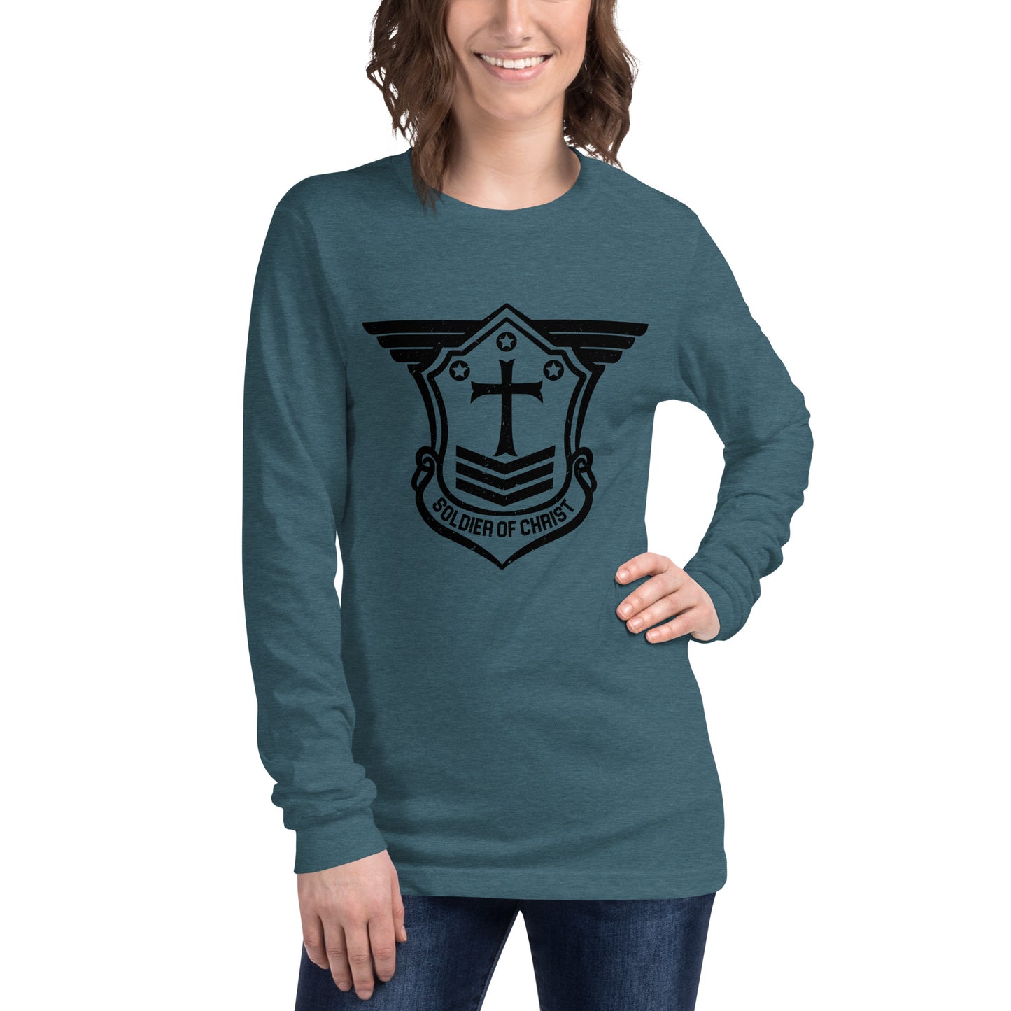 Unisex Long Sleeve T-Shirt with Black Soldier of Christ Emblem Front