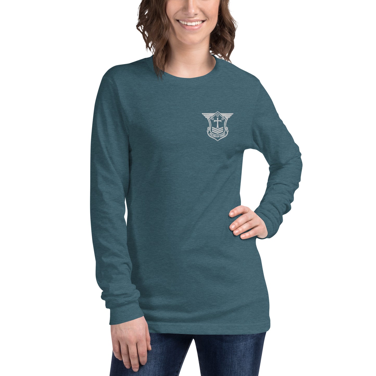 Unisex Long Sleeve T-Shirt with White Embroidered Soldier of Christ Emblem