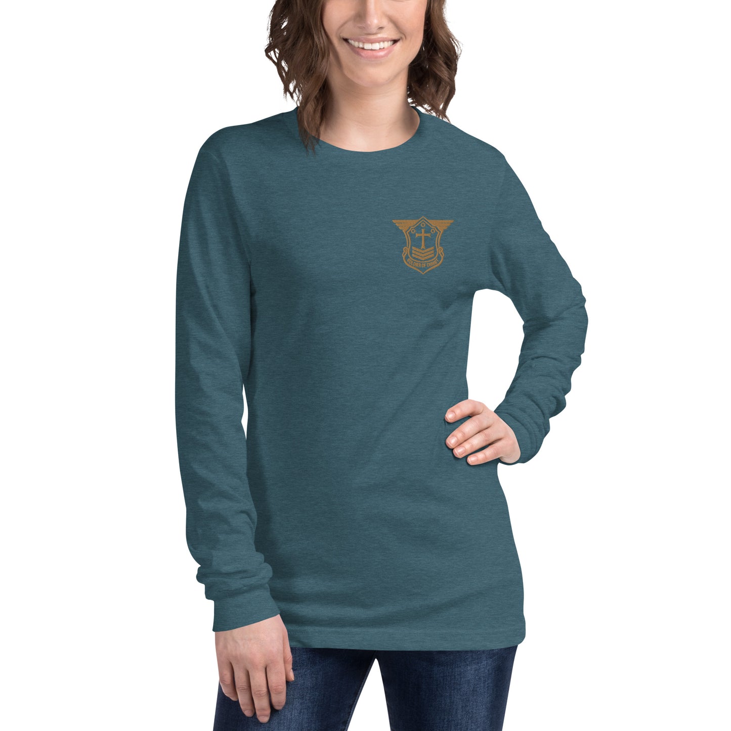 Unisex Long Sleeve T-Shirt with Old Gold Embroidered Soldier of Christ Emblem