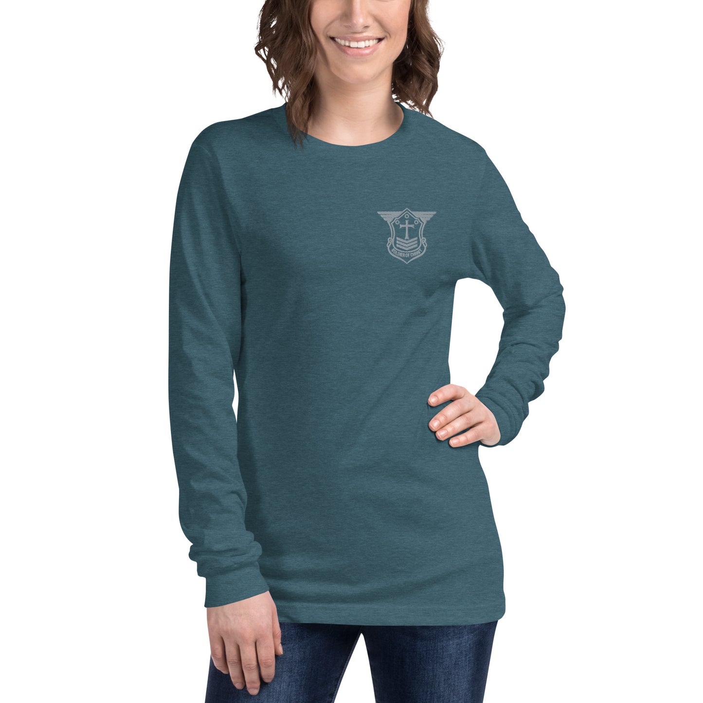 Unisex Long Sleeve T-Shirt with Grey Embroidered Soldier of Christ Emblem