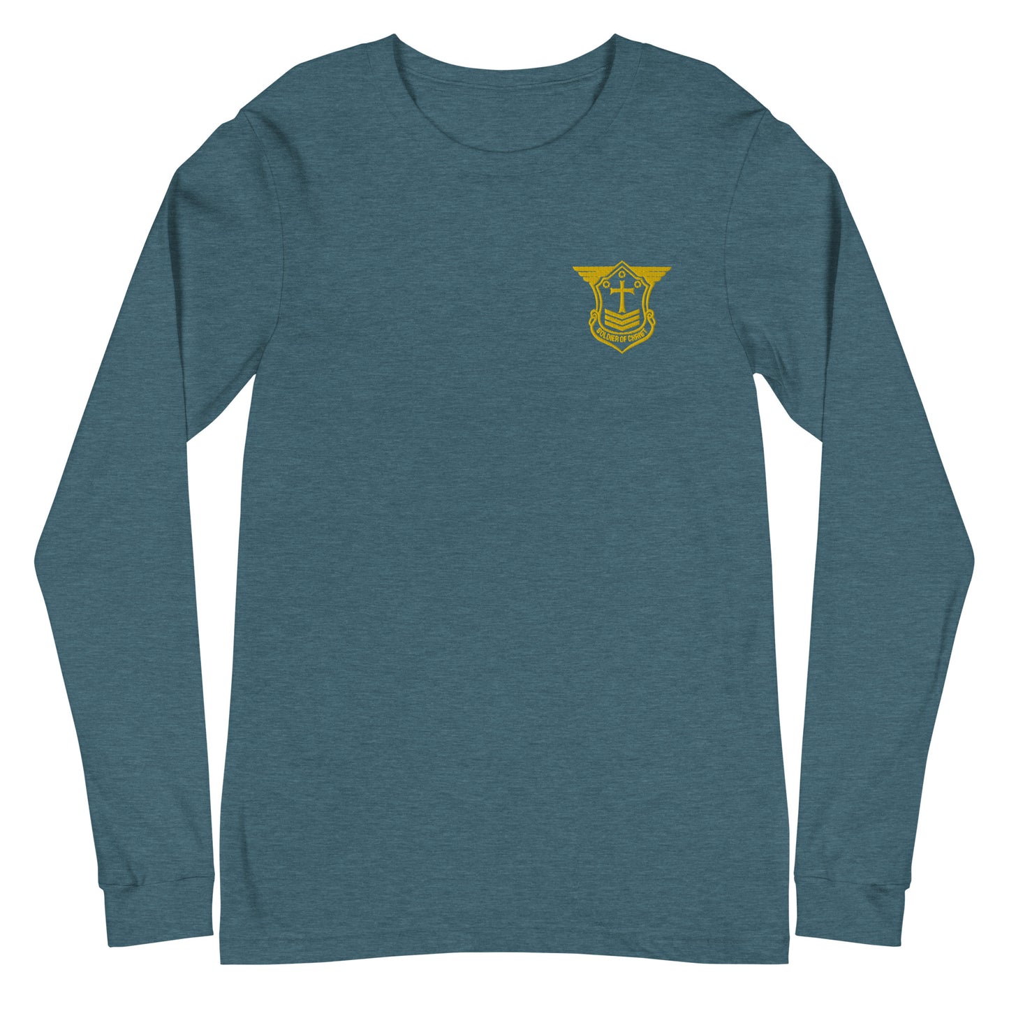 Unisex Long Sleeve T-Shirt with Gold Embroidered Soldier of Christ Emblem