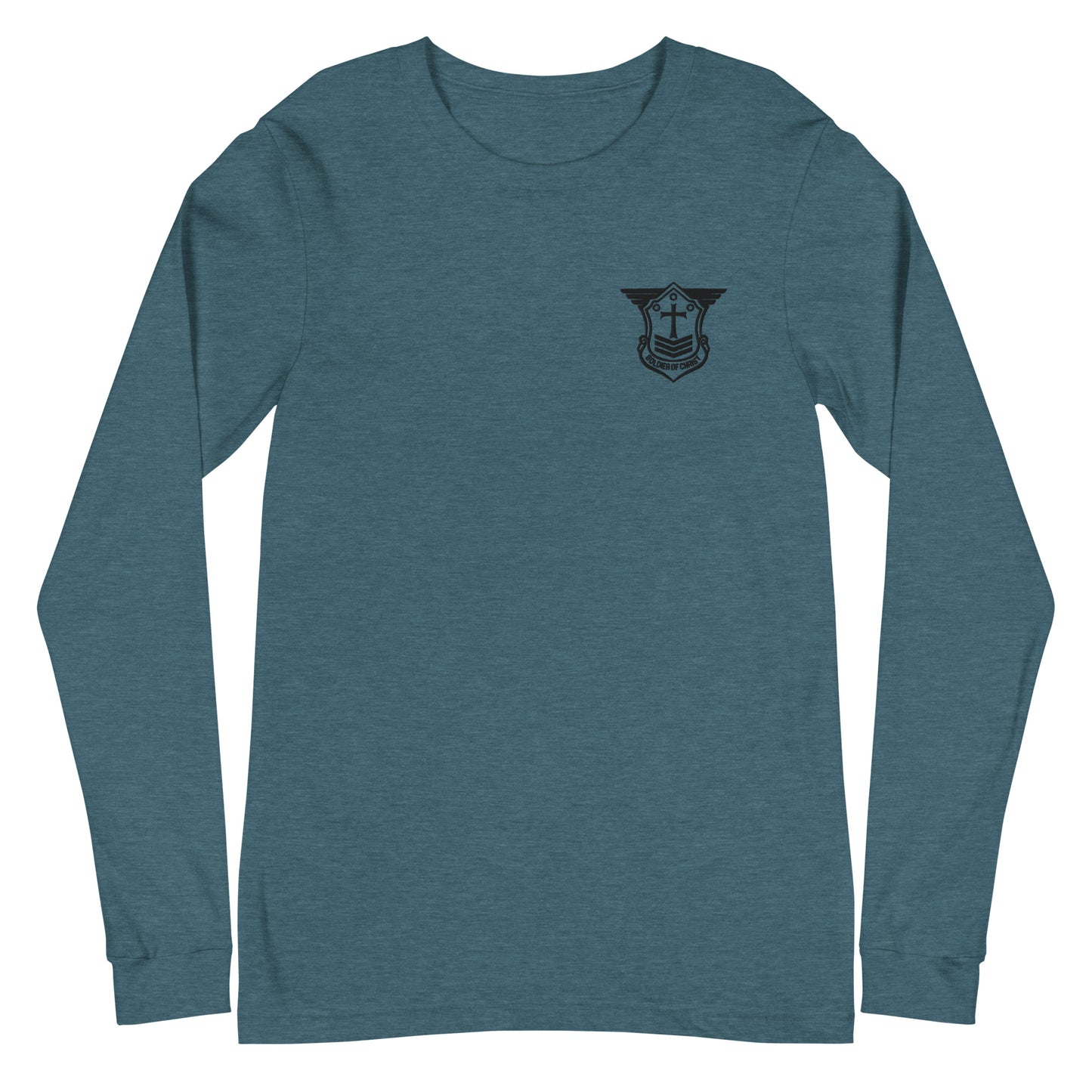 Unisex Long Sleeve T-Shirt with Black Embroidered Soldier of Christ Emblem