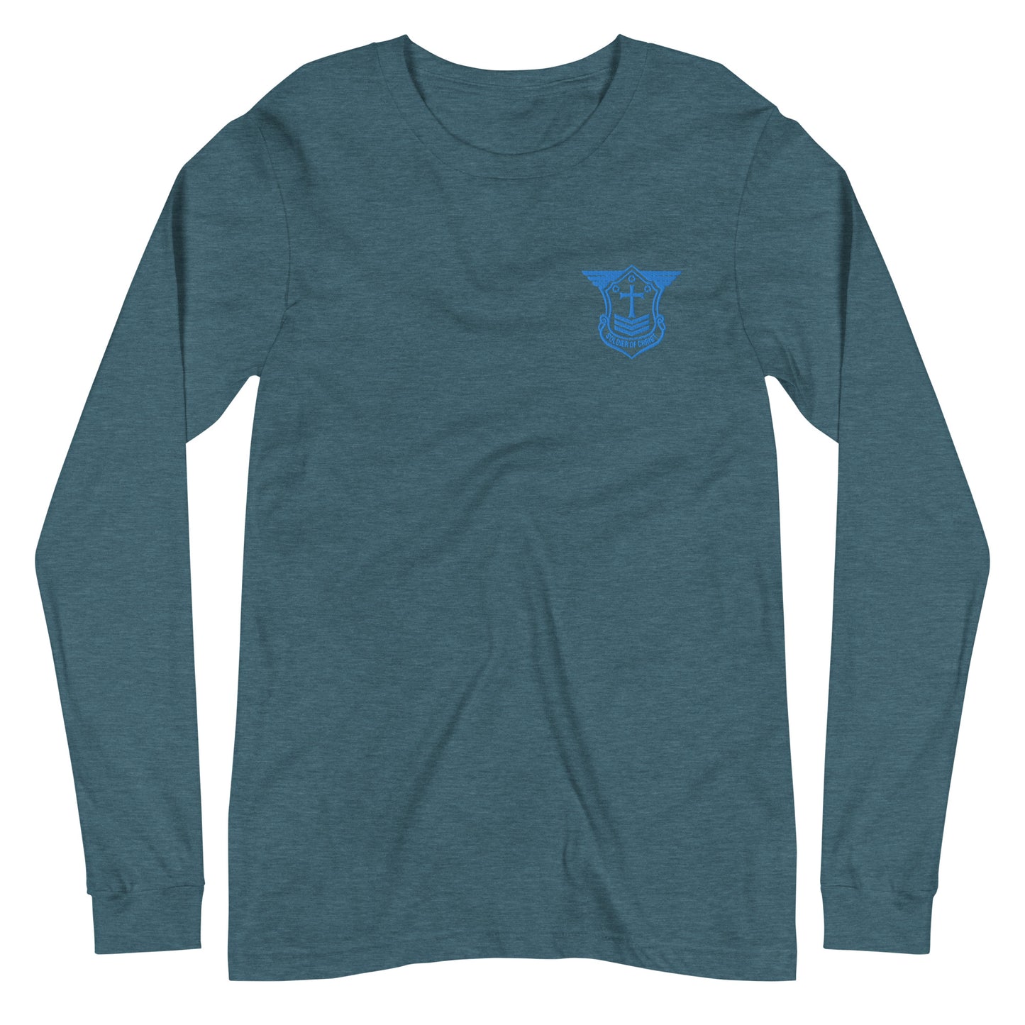 Unisex Long Sleeve T-Shirt with Aqua Teal Embroidered Soldier of Christ Emblem