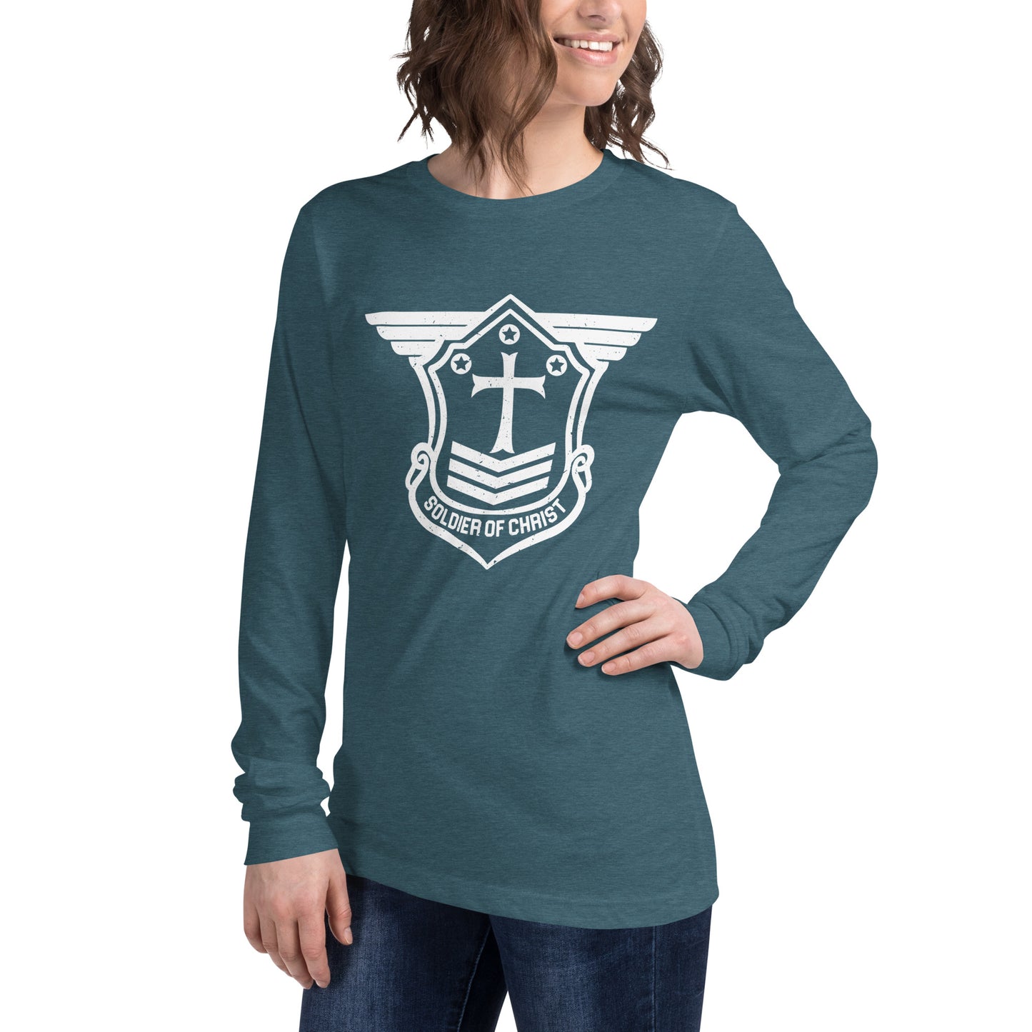 Unisex Long Sleeve T-Shirt with White Soldier of Christ Emblem Front