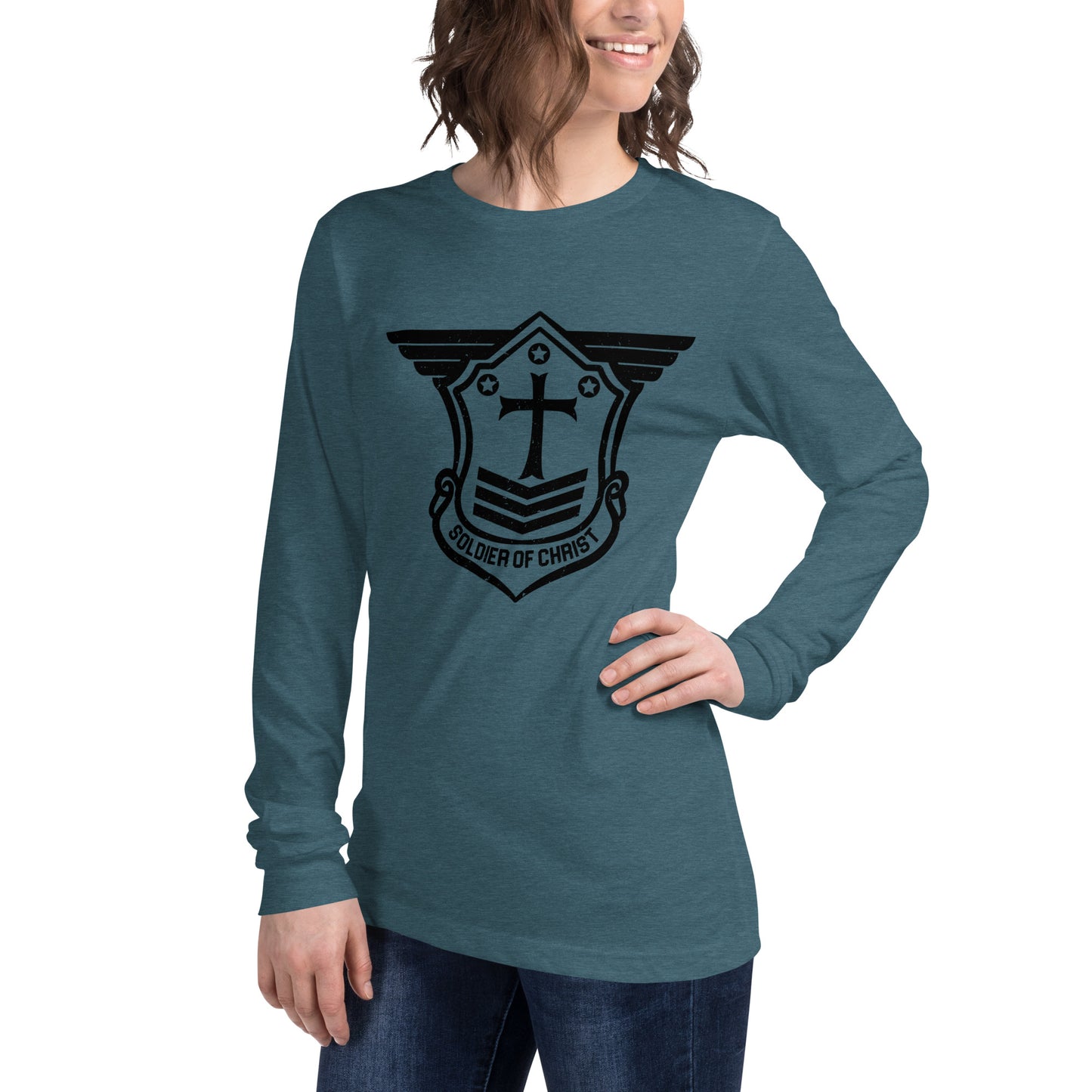 Unisex Long Sleeve T-Shirt with Black Soldier of Christ Emblem Front