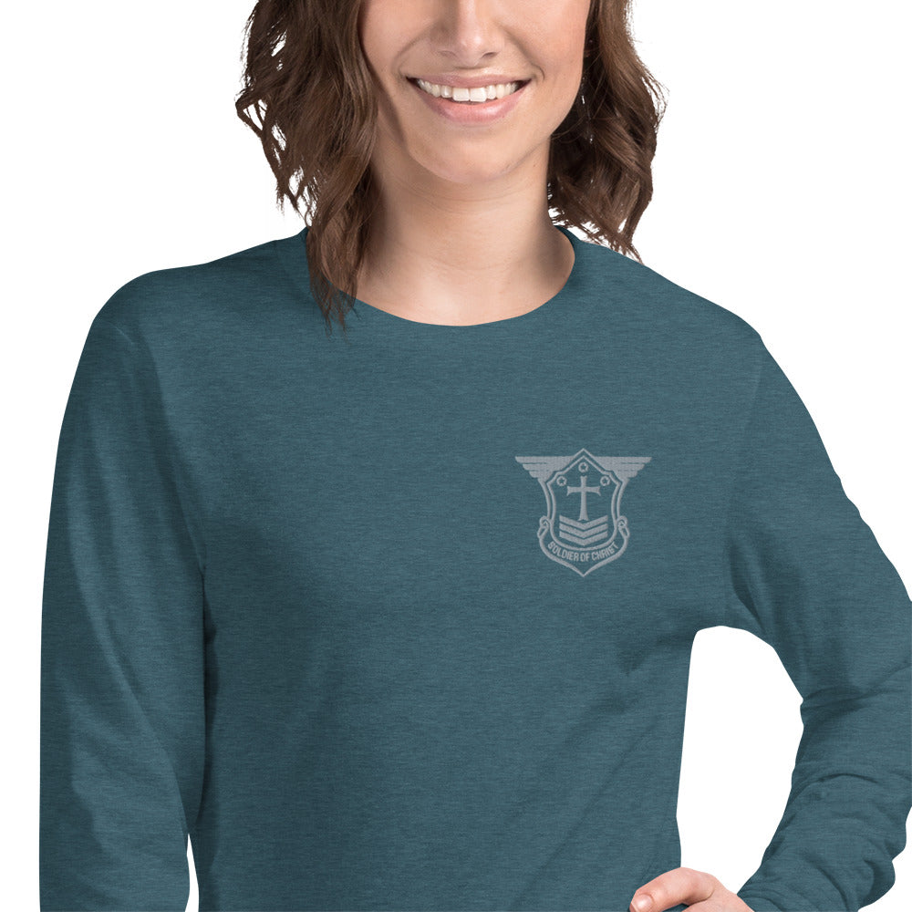 Unisex Long Sleeve T-Shirt with Grey Embroidered Soldier of Christ Emblem