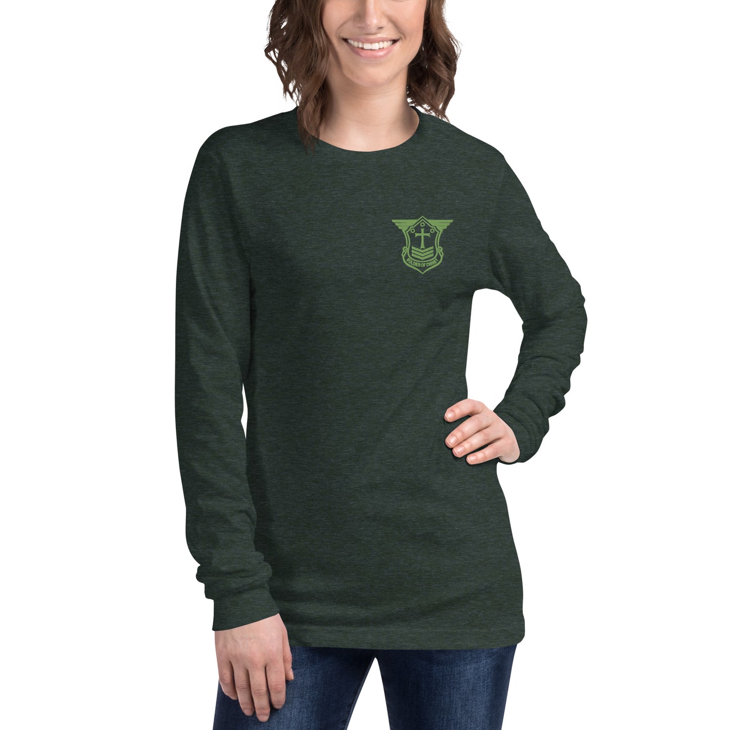 Unisex Long Sleeve T-Shirt with Kiwi Green Embroidered Soldier of Christ Emblem