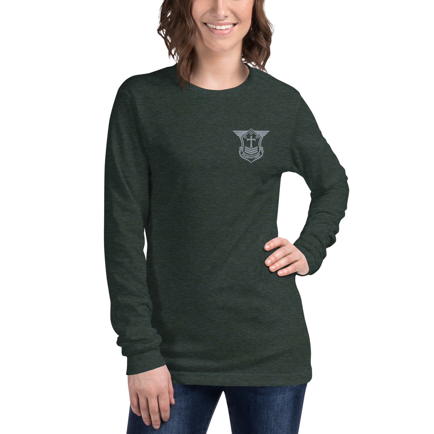 Unisex Long Sleeve T-Shirt with Grey Embroidered Soldier of Christ Emblem