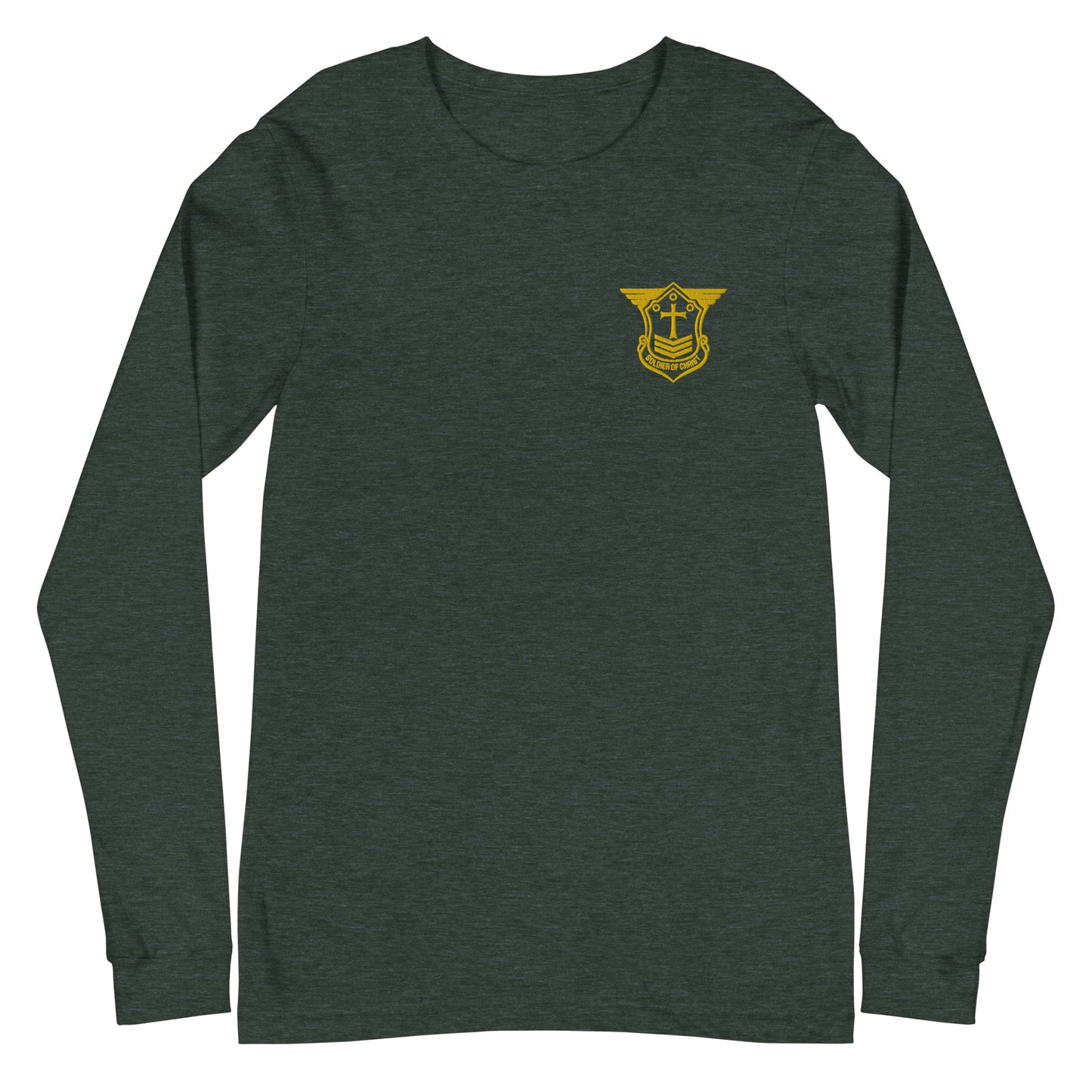 Unisex Long Sleeve T-Shirt with Gold Embroidered Soldier of Christ Emblem