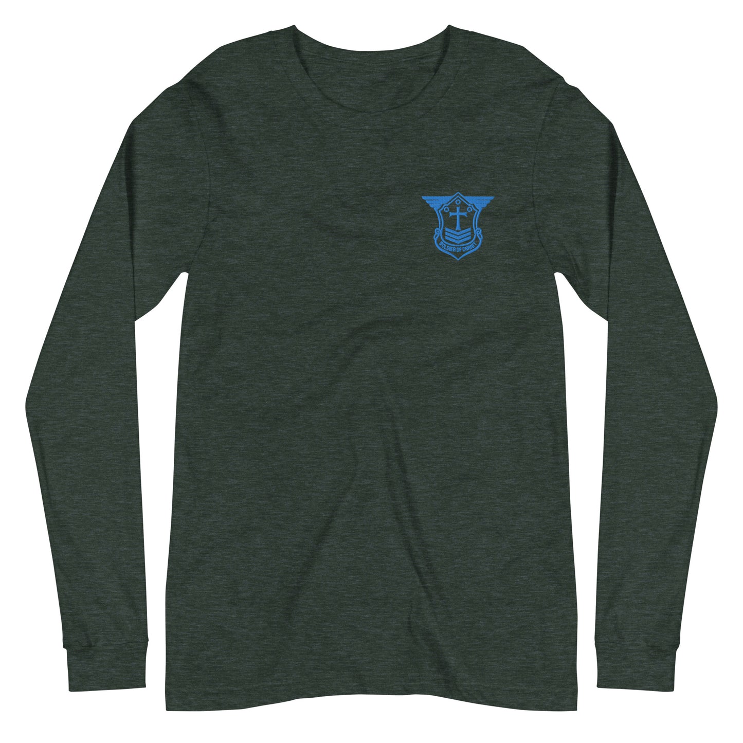 Unisex Long Sleeve T-Shirt with Aqua Teal Embroidered Soldier of Christ Emblem