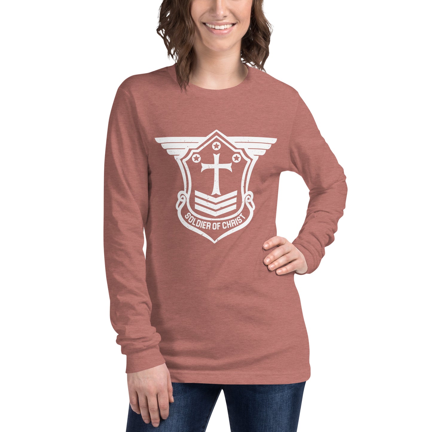 Unisex Long Sleeve T-Shirt with White Soldier of Christ Emblem Front