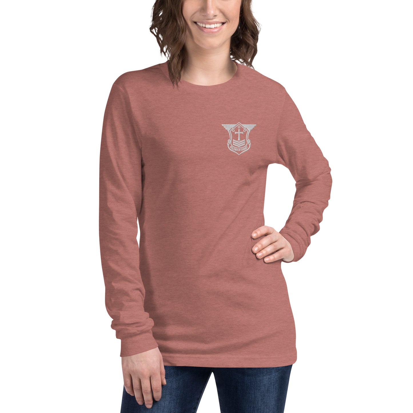 Unisex Long Sleeve T-Shirt with White Embroidered Soldier of Christ Emblem